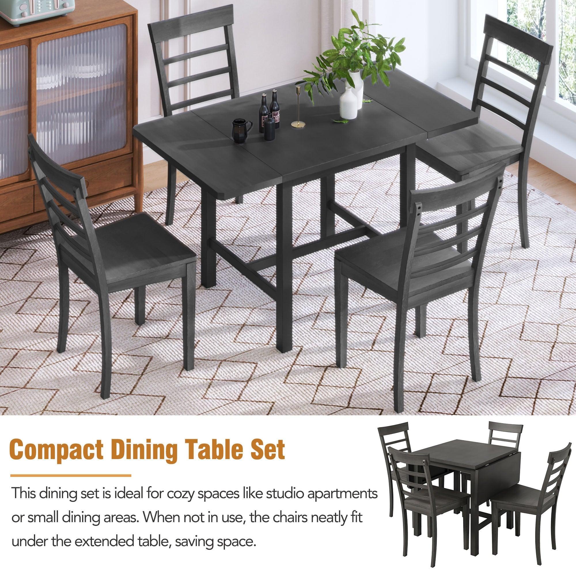 5-Piece Wood Square Drop Leaf Breakfast Nook Extendable Dining Table Set with 4 Ladder Back Chairs for Small Places, Gray LamCham