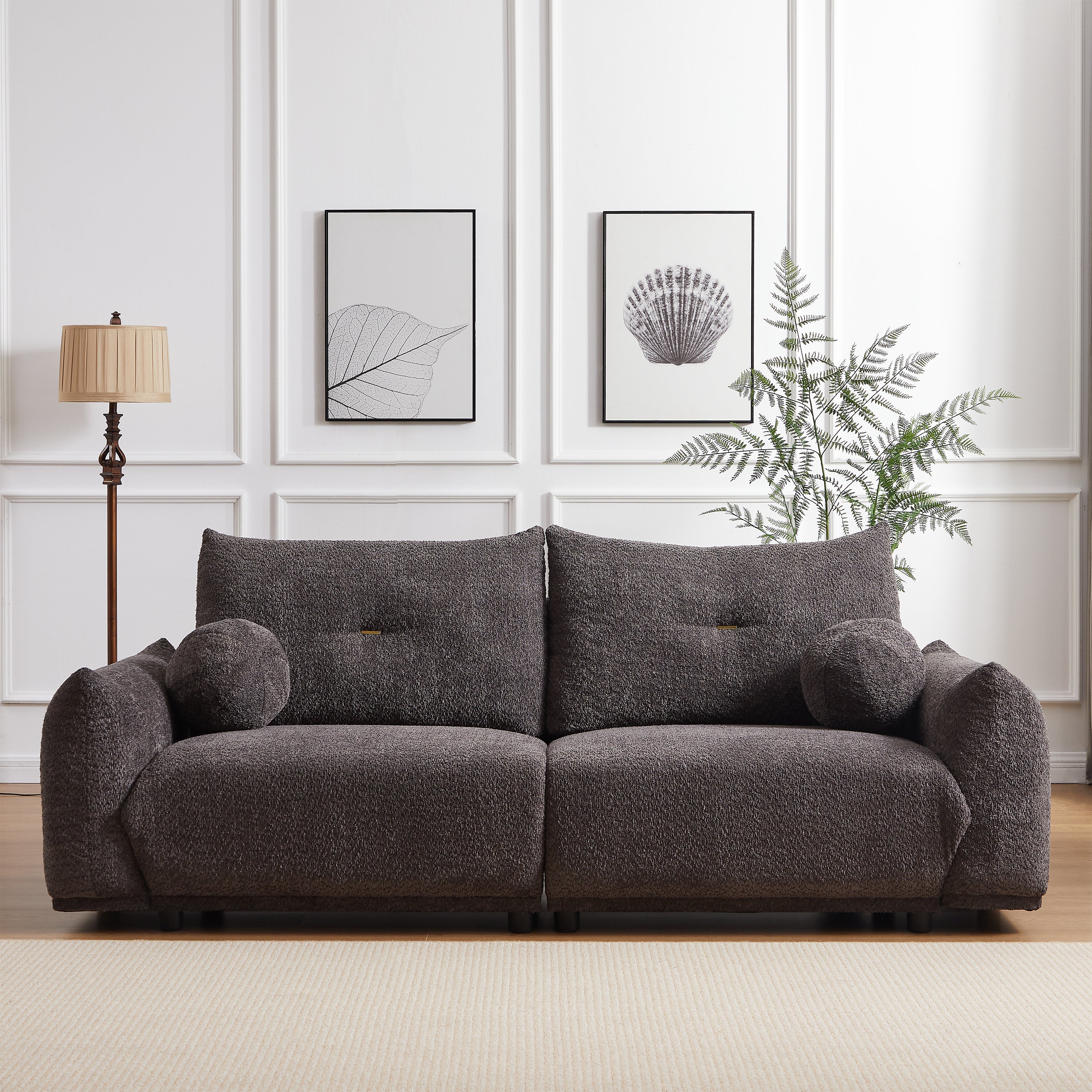 Lamb's Wool 2-seater Cushion Sofa 90'' Comfortable Sofa for Living Room Bedroom, 2 Cushions and 2 Ball Pillows, Gray