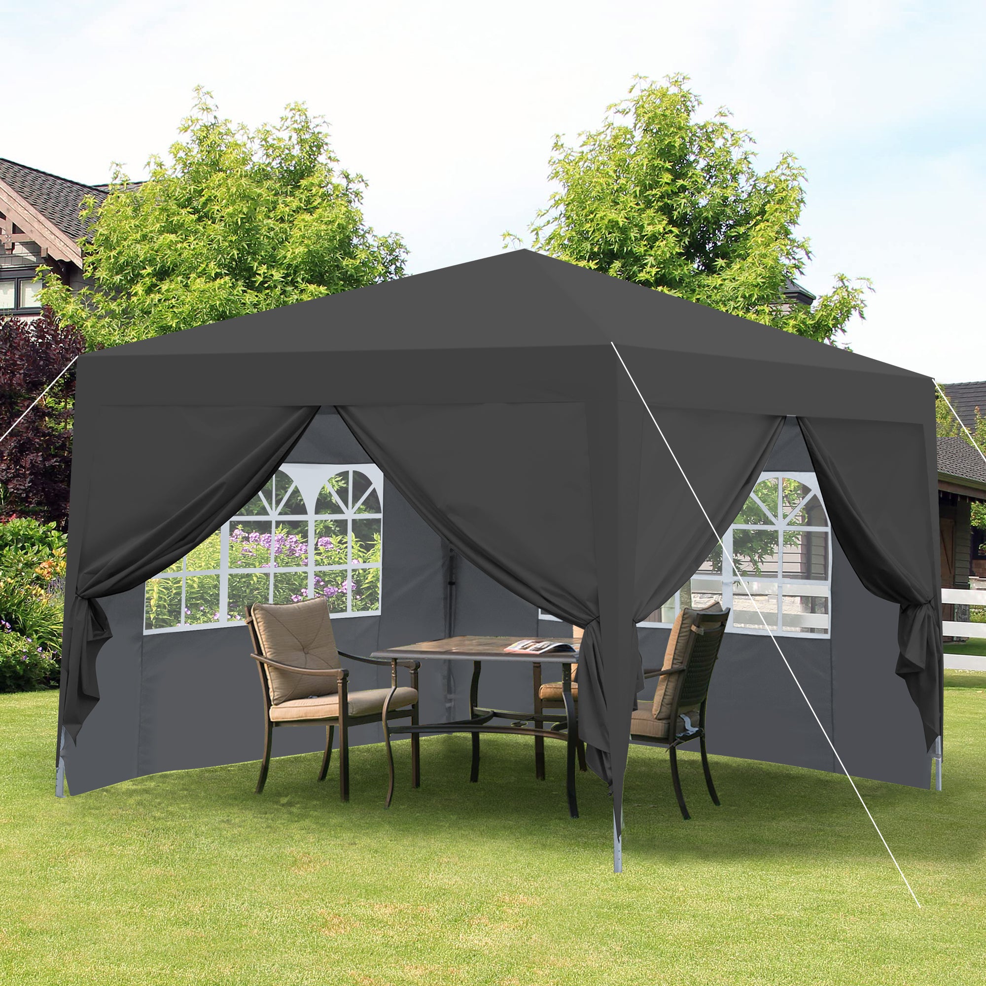🆓🚛 Outdoor 10x 10Ft Pop Up Gazebo Canopy Tent, Removable Sidewall with Zipper, 2pcs Sidewall with Windows, with 4pcs Weight Sand Bags & Carry Bag, Black