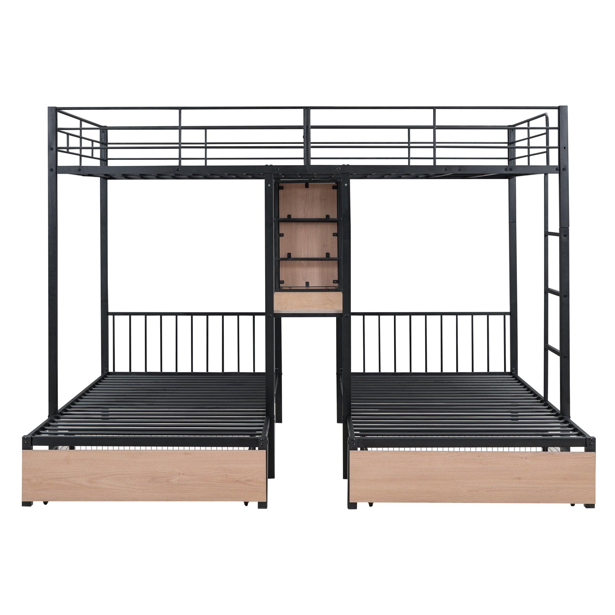 Full Over Twin & Twin Triple Bunk Bed with Drawers, Multi-functional Metal Frame Bed with desks and shelves in the middle, Black