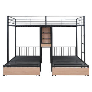 Full Over Twin & Twin Triple Bunk Bed with Drawers, Multi-functional Metal Frame Bed with desks and shelves in the middle, Black