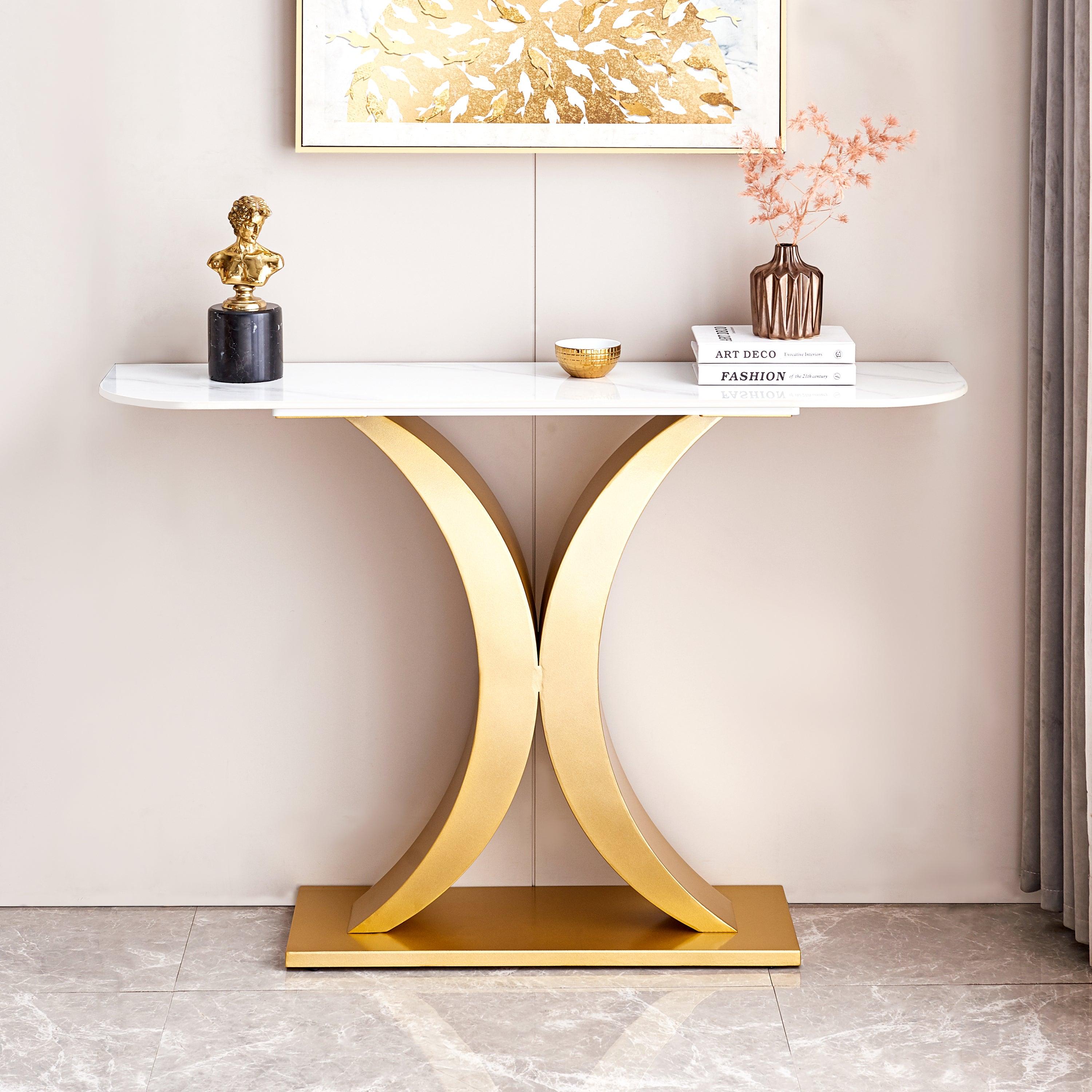 🆓🚛 Modern Console Table, Exquisite Shape Design, Metal Frame With Adjustable Foot Pads for Entrance, Corridor, Living Room & Office.(Gold)