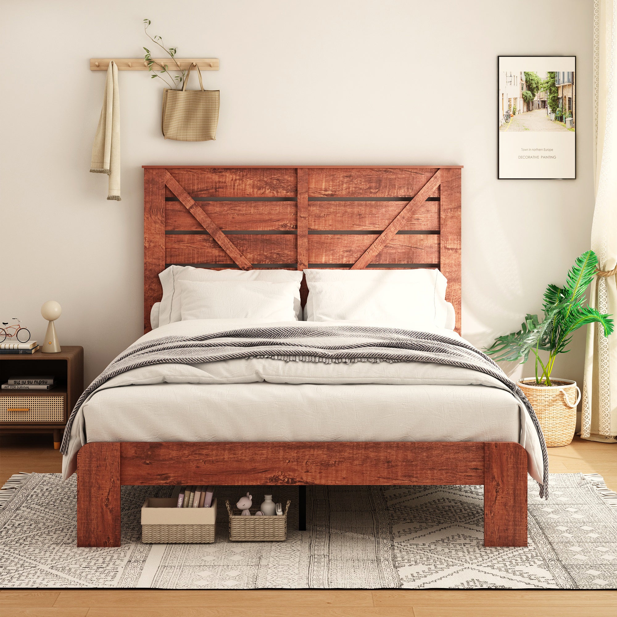 🆓🚛 King Bed Frame Headboard, Wood Platform Bed Frame, Large Under Bed Storage, Vintage Brown