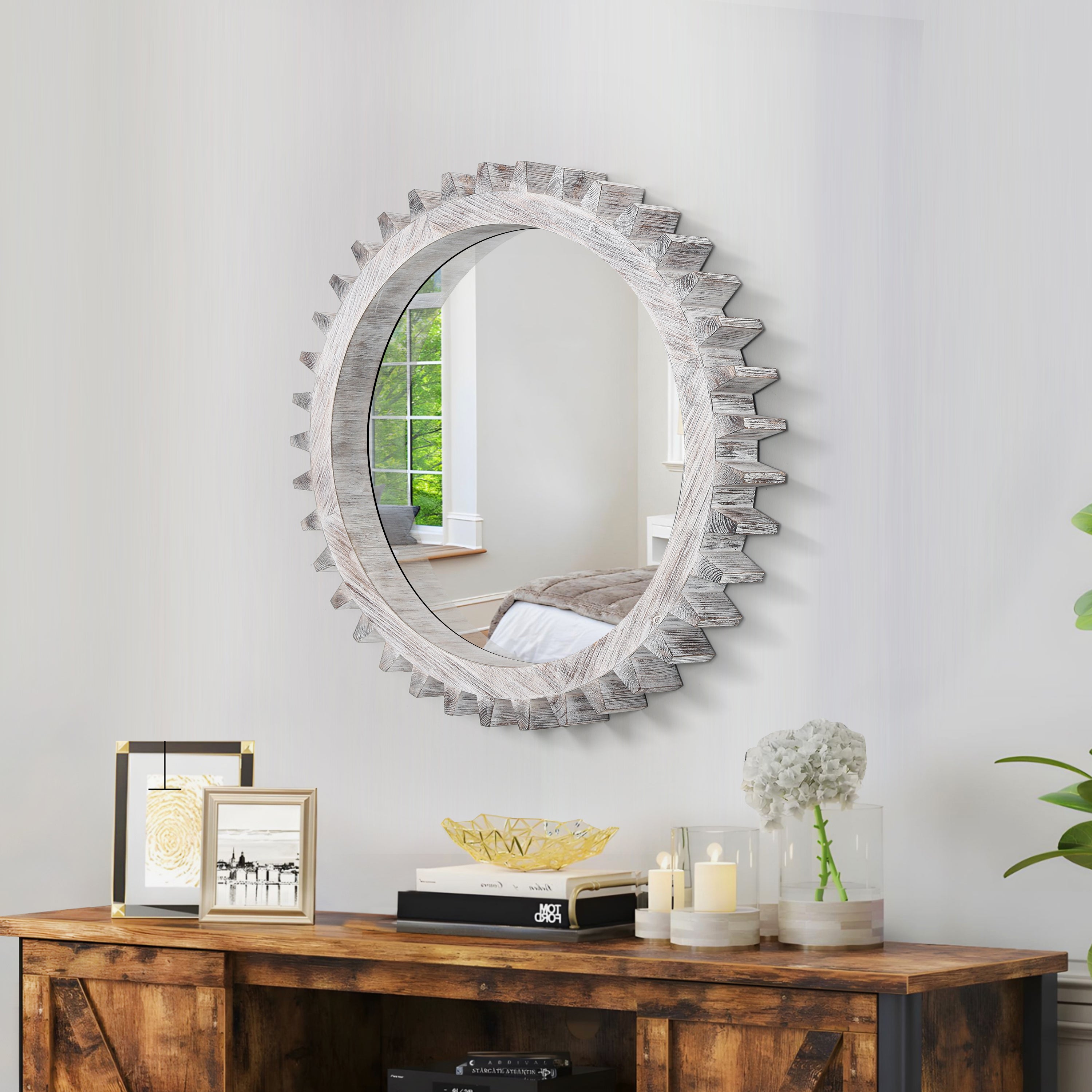 Vintage 17'' x 17'' Wood Round Hanging Gear Shape Decorative Mirror Patchwork Effect With Large-size Mirrors Individually On Art Walls, Sold Individually(Antique White Washed)