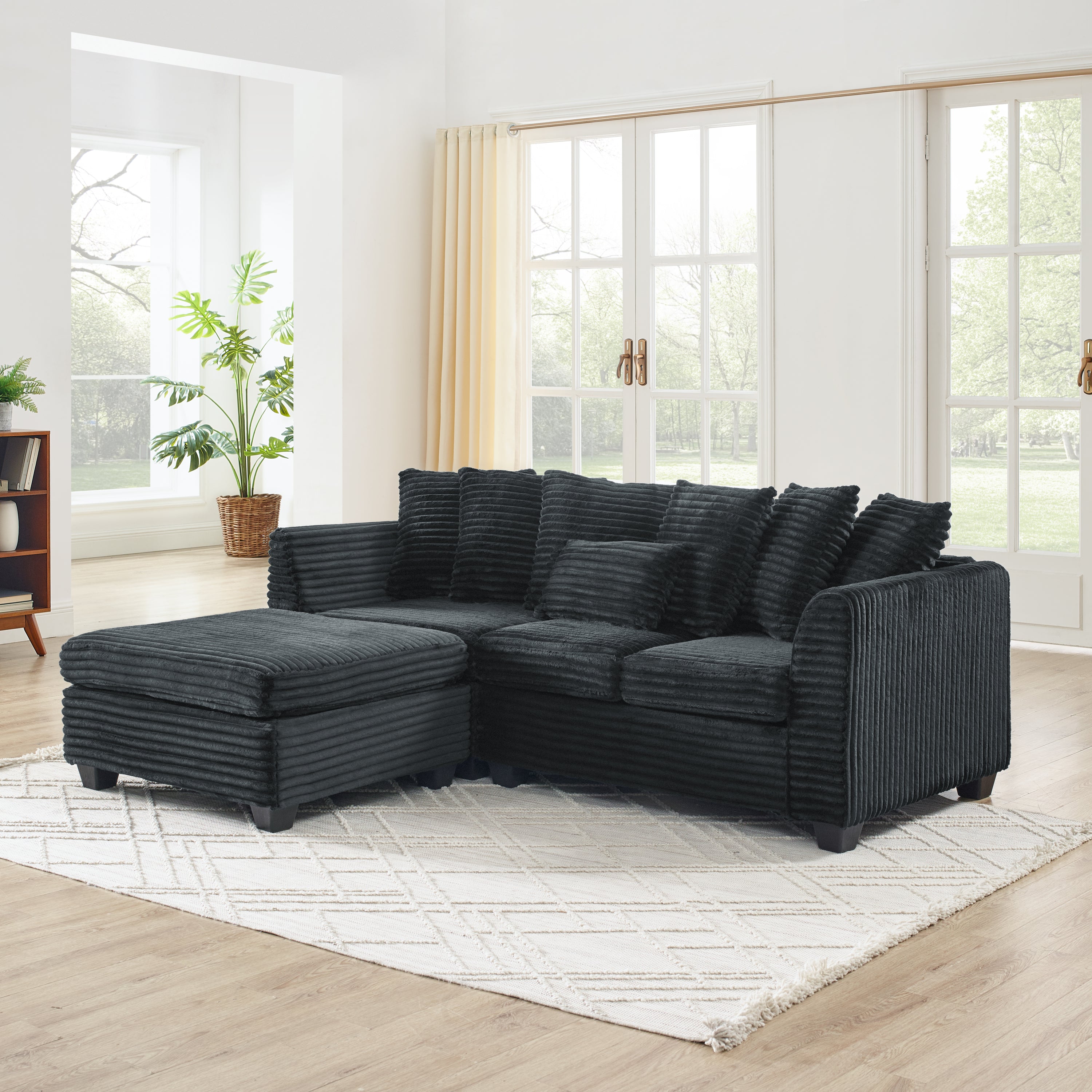 Corduroy Tufted Upholstered Sofa, L-Shaped Modular Convertible Sofa , Black