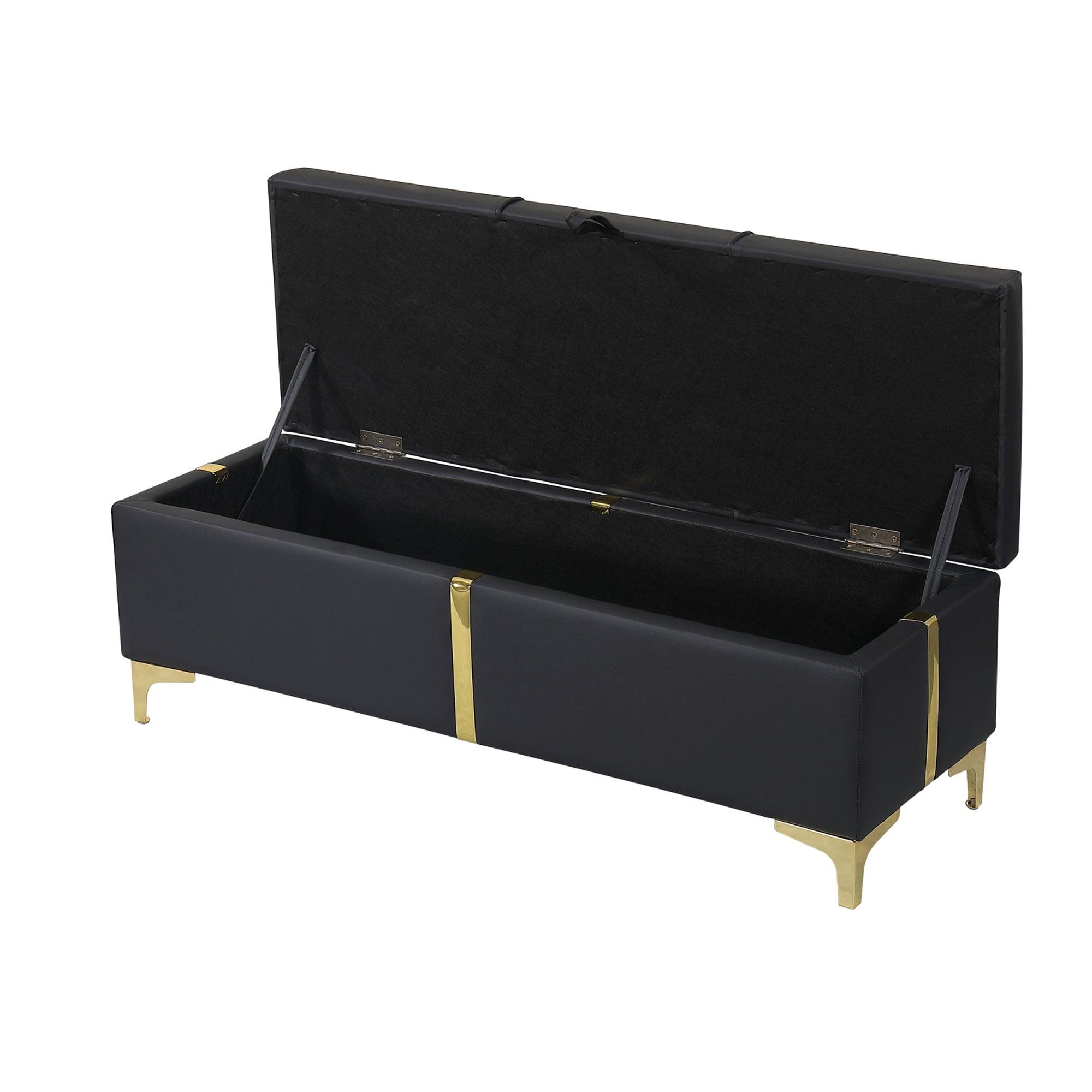 Elegant Upholstered Storage Ottoman, Storage Bench With Metal Legs For Bedroom, Living Room, Fully Assembled Except Legs, Black