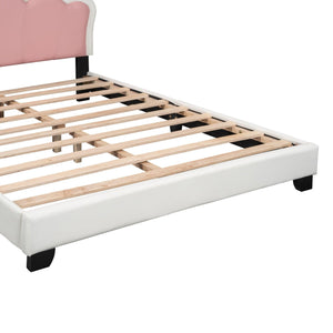 Full size Upholstered Princess Bed With Crown Headboard, Full Size Platform Bed with Headboard and Footboard, White+Pink