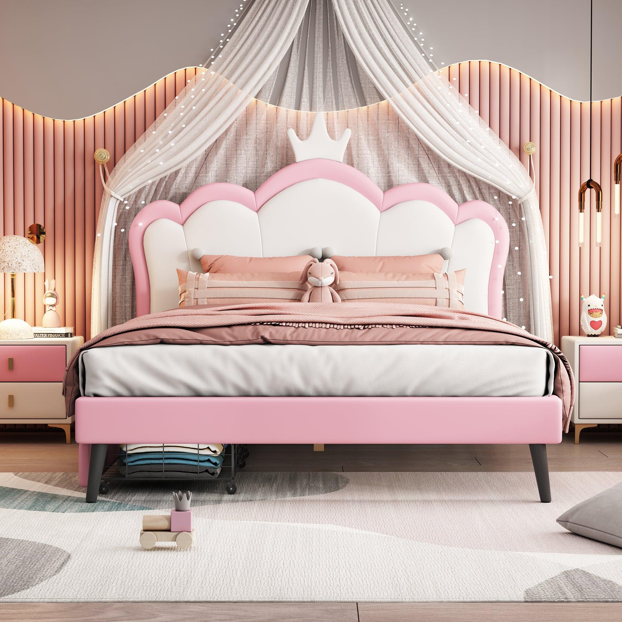 🆓🚛 Full Size Princess Bed With Crown Headboard & 2 Drawers, Full Size Platform Bed With Headboard & Footboard, White & Pink