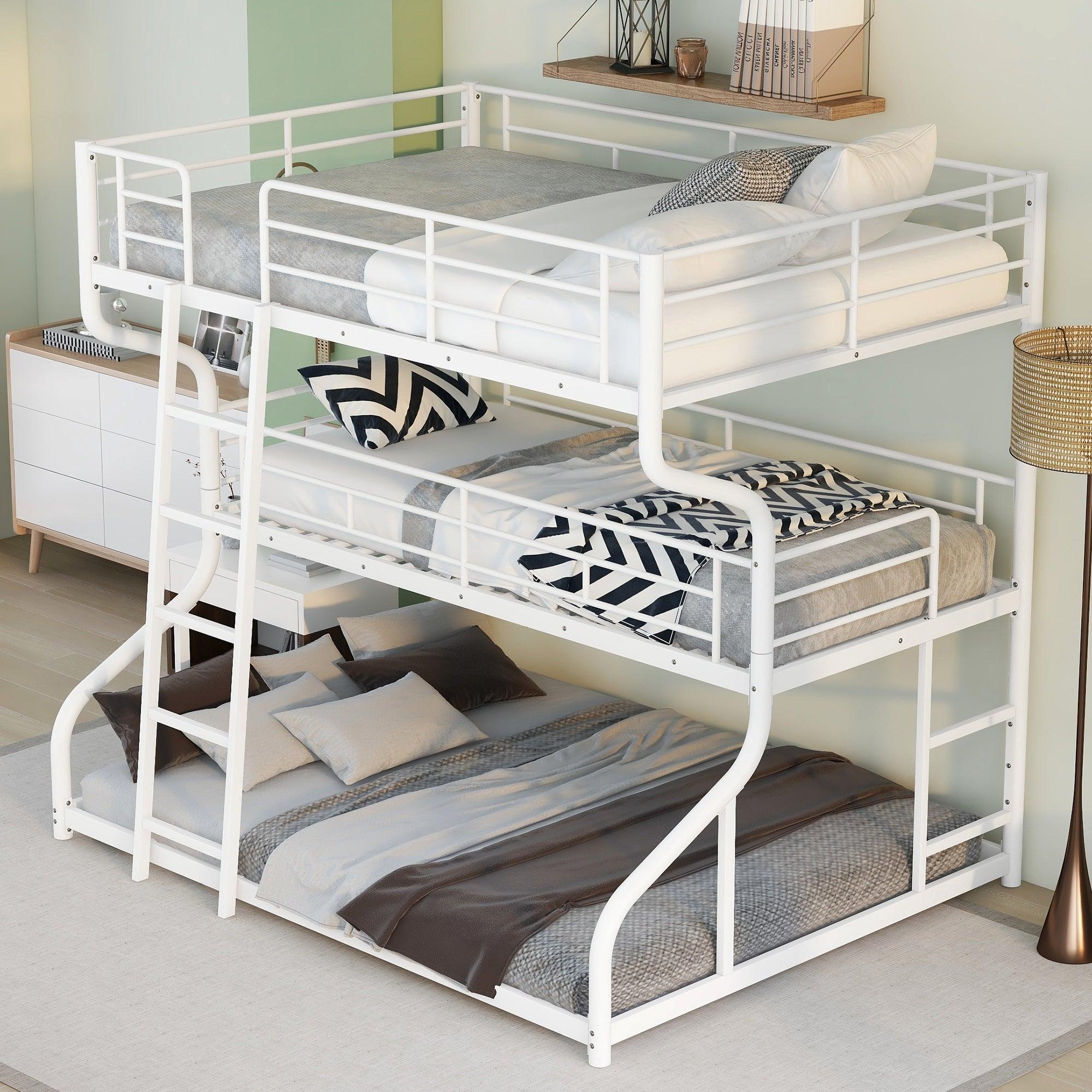 🆓🚛 Full Xl Over Twin Xl Over Queen Size Triple Bunk Bed With Long and Short Ladder, White