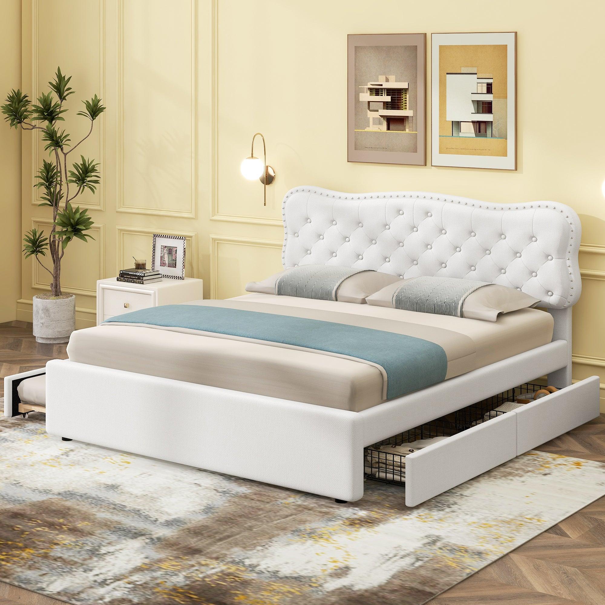 🆓🚛 Queen Size Upholstery Platform Bed With Storage Drawers & Trundle, White