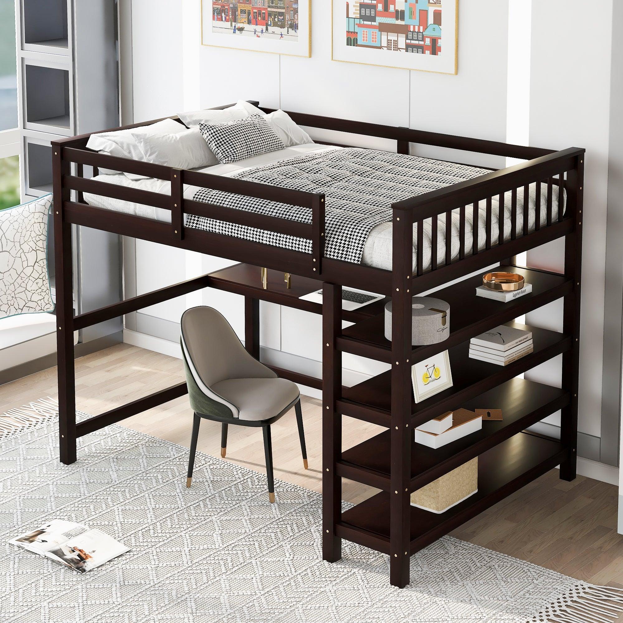 🆓🚛 Full Size Loft Bed With Storage Shelves & Under-Bed Desk, Espresso