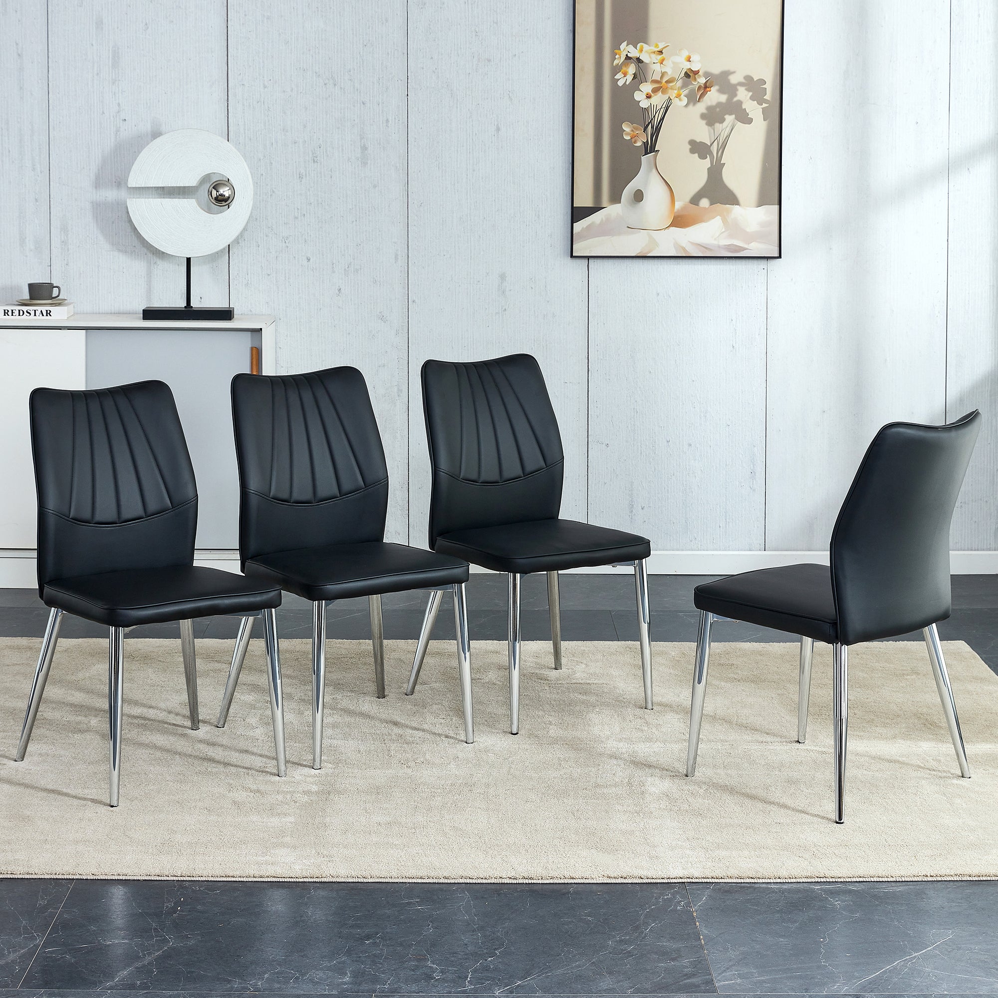 🆓🚛 4 Pu Dining Chairs With Soft Cushions, Silver Metal Legs, Suitable for Restaurants & Living Rooms, Black