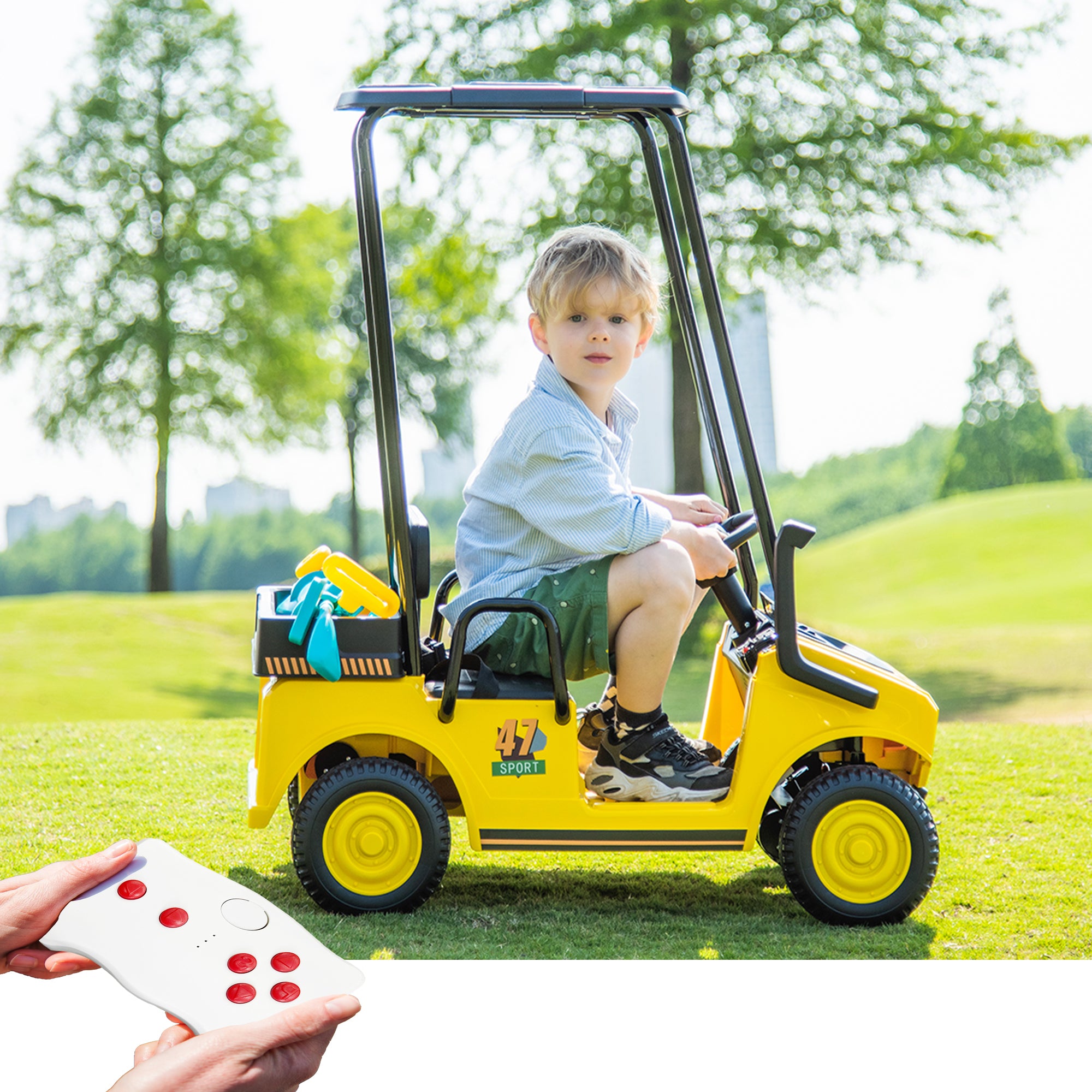 Yellow, 12V, Ride On Toy for Kids Ages 3+, 12V4.5Ah, Golf Maintenance Cart With Roof, Outdoor/Off Road/Electric Car, Wide Big Seat, With 2.4G Remote Control, Ceiling, High/Low Speed, Gift for Boys Girls