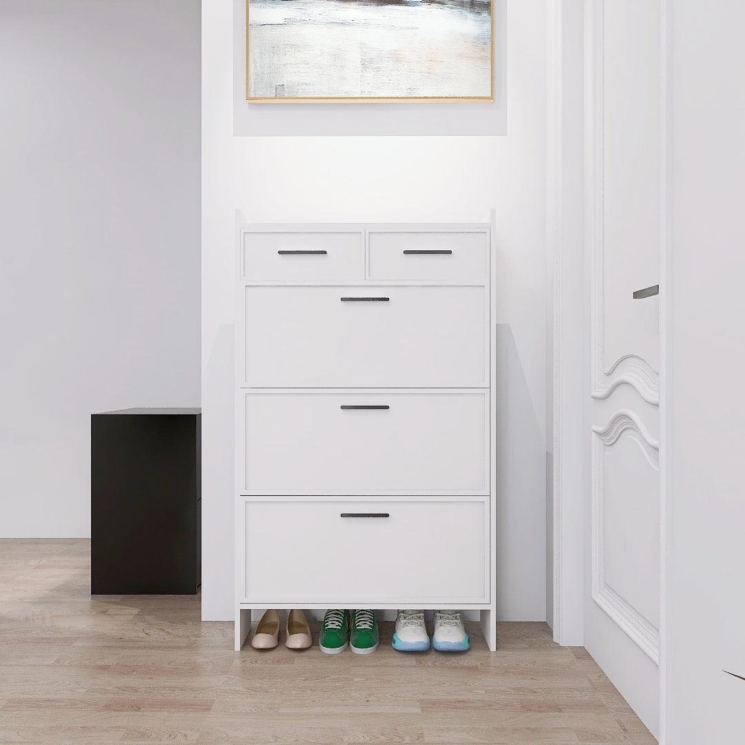 🆓🚛 Pvc Surface Shaker Shape Door Shoe Rack 3 Doors Shoe Cabinet With 2 Drawers With Open Space for Shoes