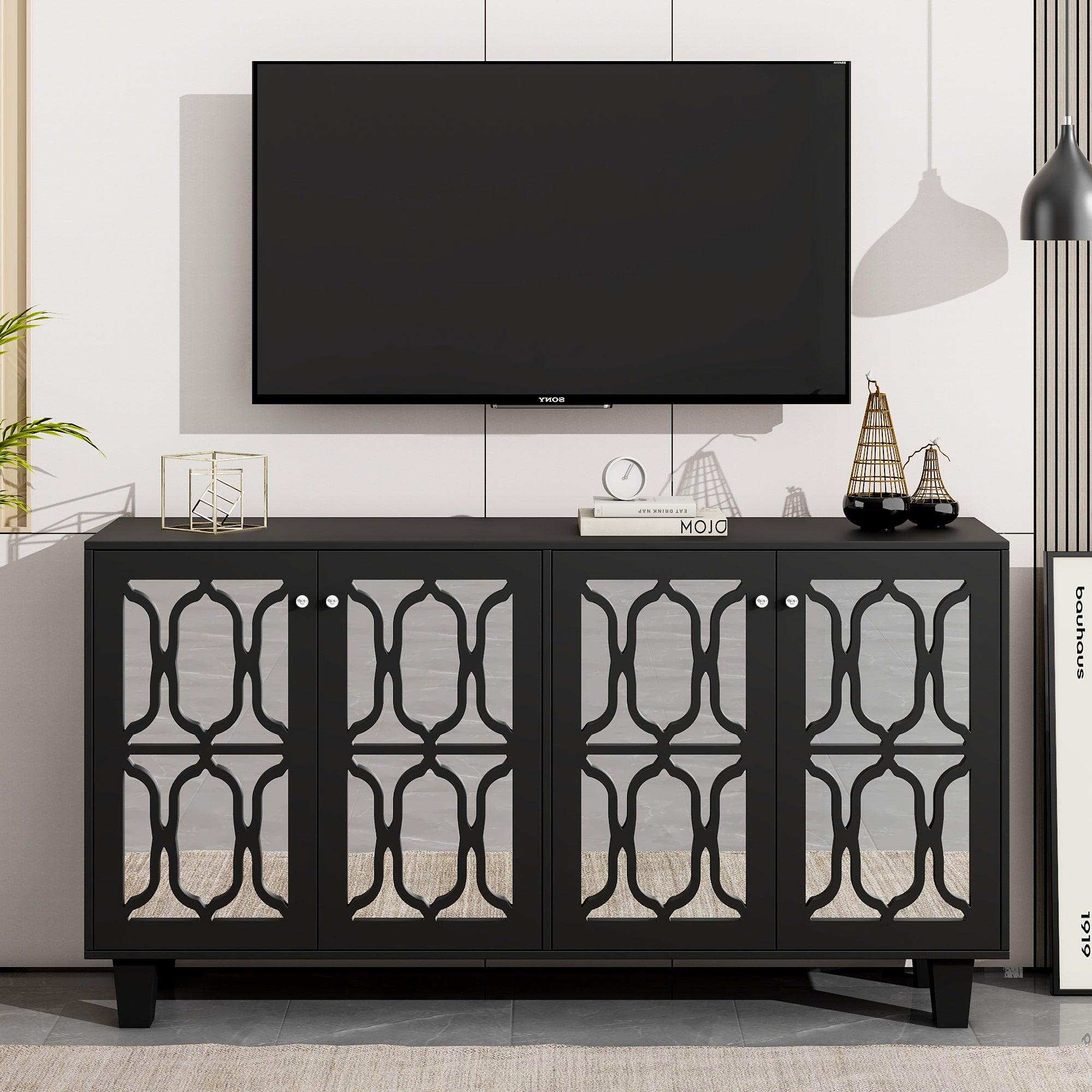 🆓🚛 Buffet Cabinet With Adjustable Shelves, 4-Door Mirror Hollow-Carved Tv Stand for Tvs Up To 65'', Multi-Functional Console Table With Storage Credenza Accent Cabinet for Living Room, Black
