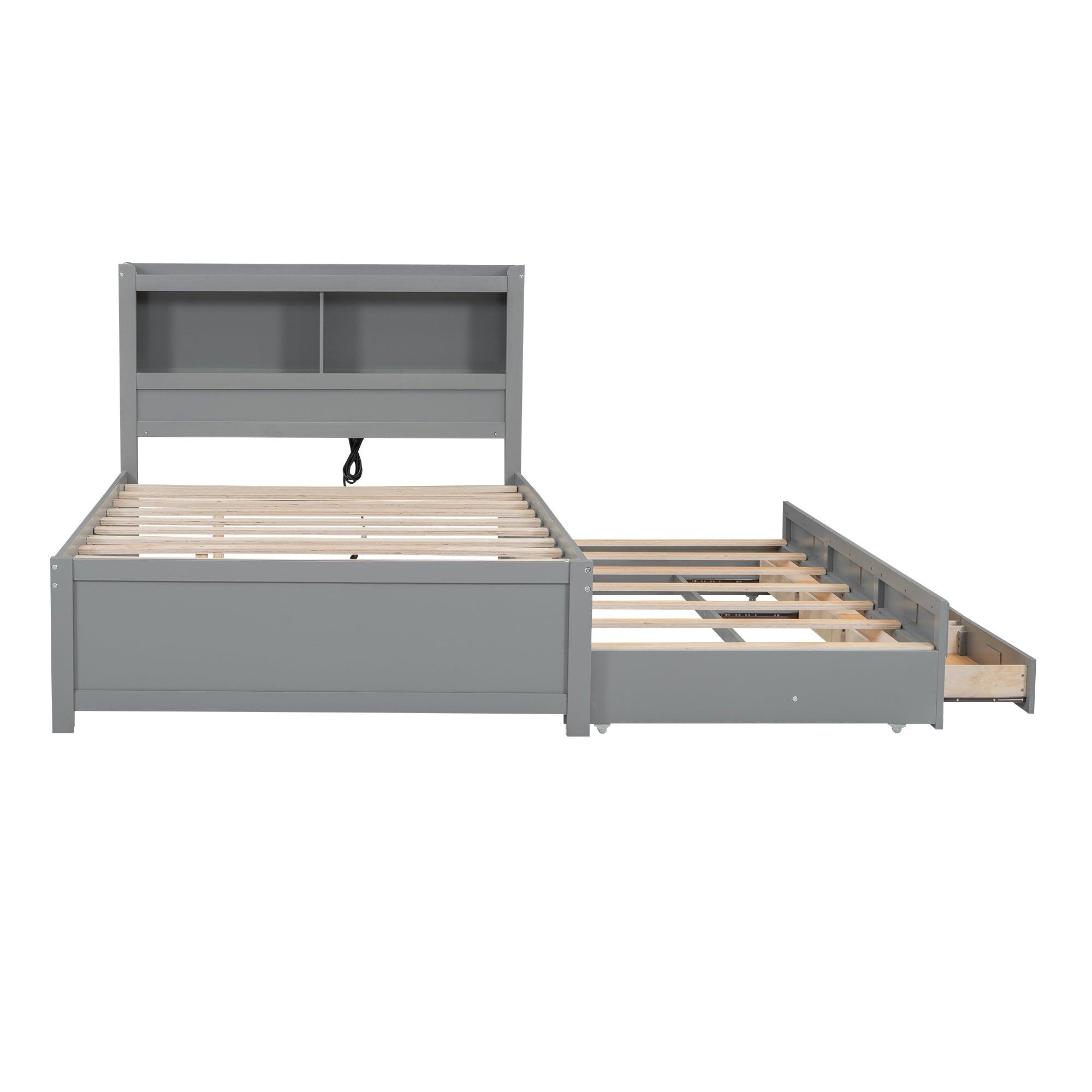 Full Size platform bed with trundle, drawers and USB plugs, Gray