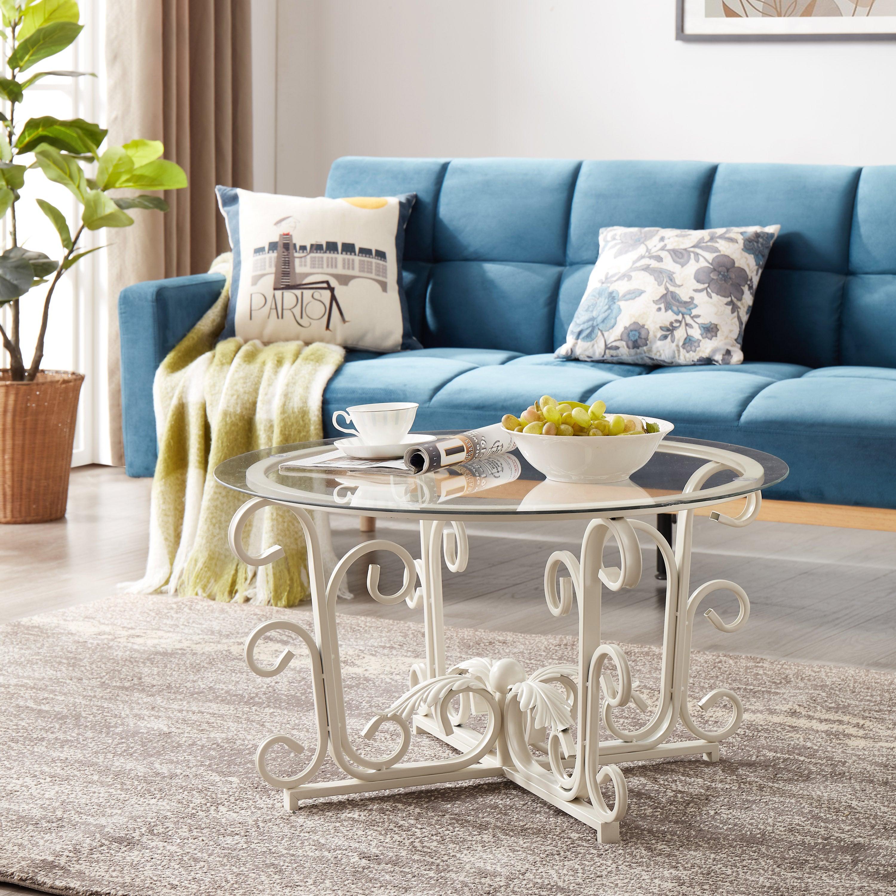 🆓🚛 Glass Coffee Table With Sturdy Iron Leaf-Shape Base, Leisure Cocktail Table With Tempered Glass Top for Living Room, Dining Room (White)