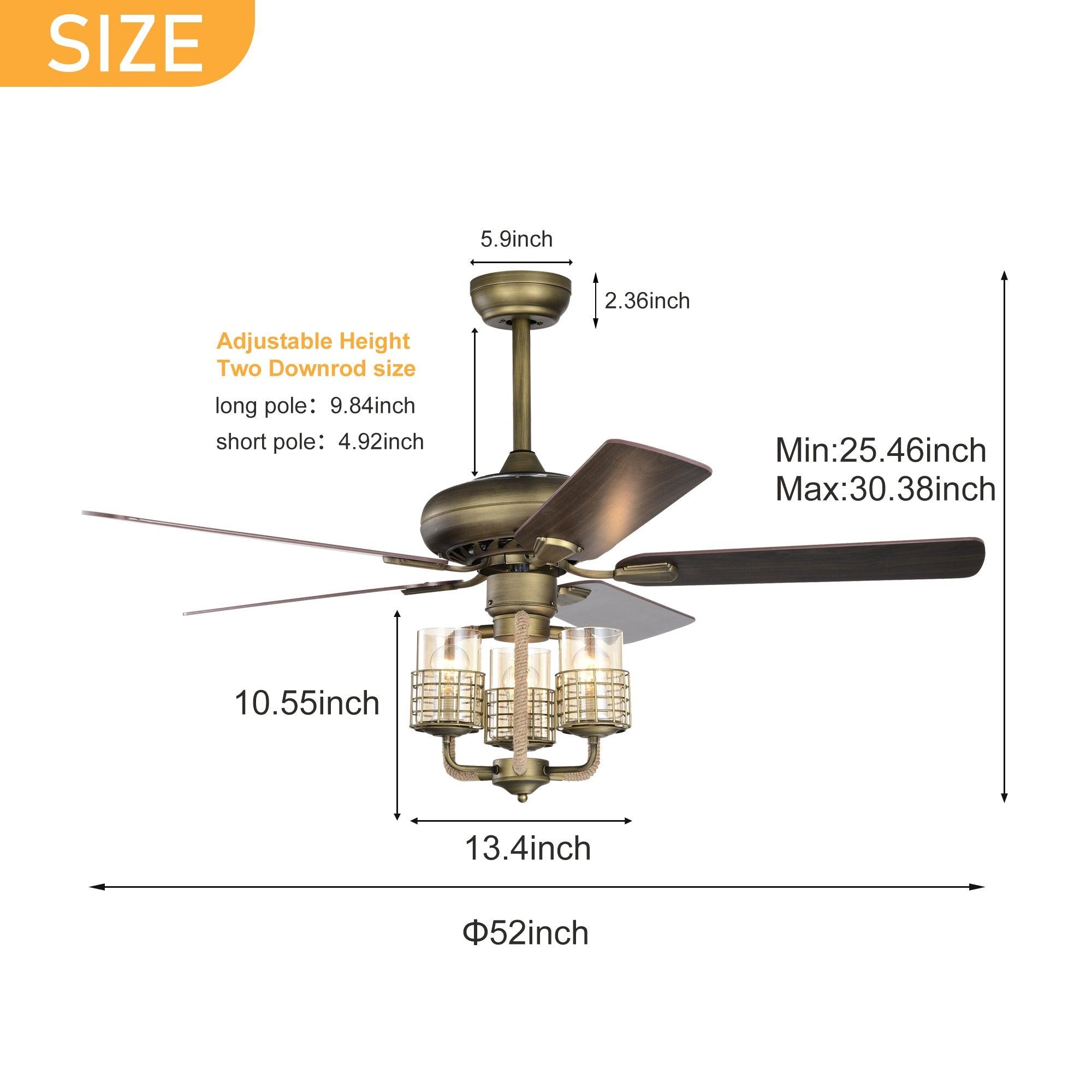 52Inch Bronze Metal 3 Lights Ceiling Fan With 5 Wood Blades, Two-Color Fan Blade, AC Motor, Remote Control, Reversible Airflow, Multi-Speed, Adjustable Height, Traditional Ceiling Fan LamCham