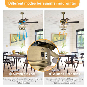 52Inch Bronze Metal 3 Lights Ceiling Fan With 5 Wood Blades, Two-Color Fan Blade, AC Motor, Remote Control, Reversible Airflow, Multi-Speed, Adjustable Height, Traditional Ceiling Fan LamCham