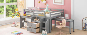 Full Size Loft Bed with Desk and Drawers, Wooden Loft Bed with Lateral Portable Desk, Gray