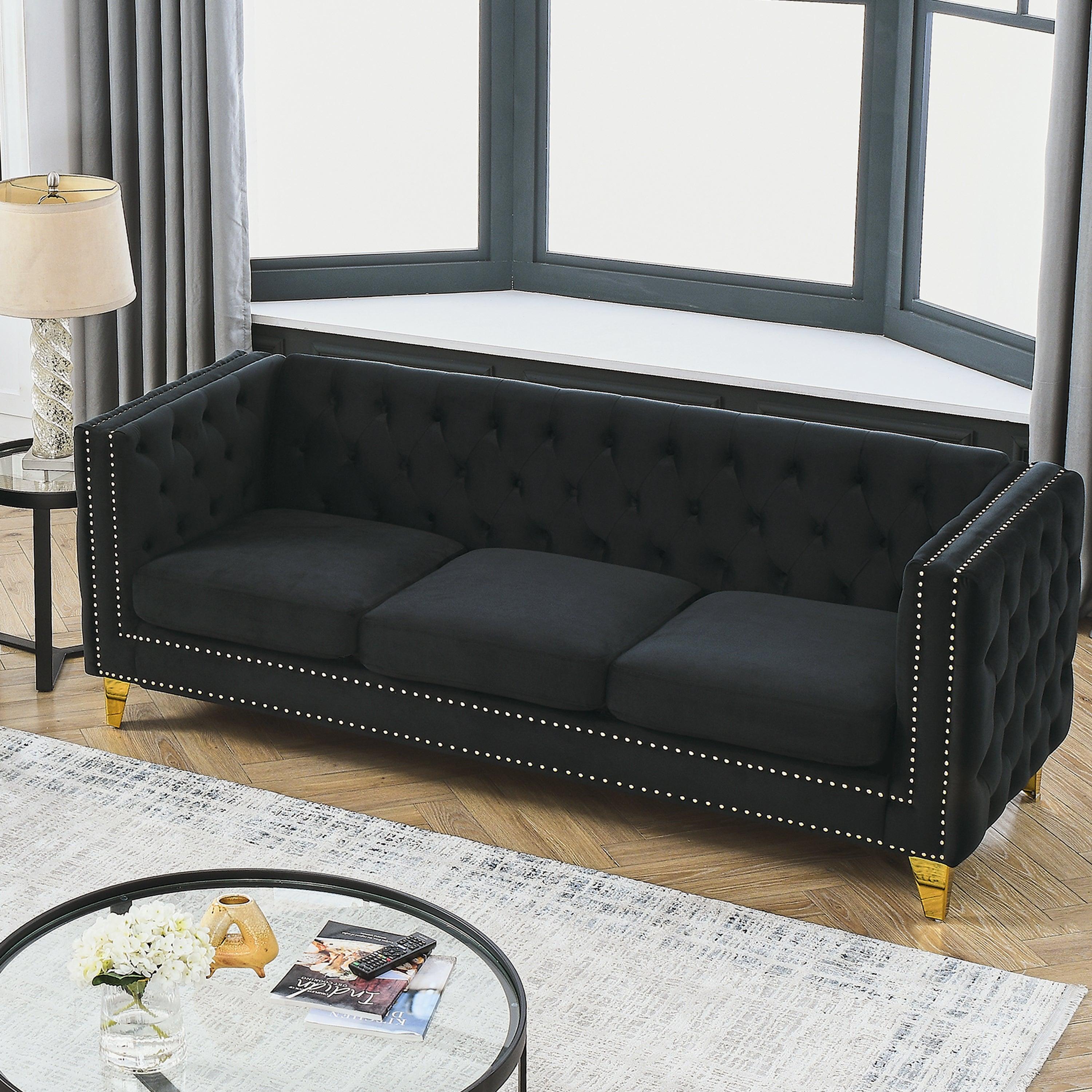🆓🚛 80.5" 3 Seater Velvet Sofa for Living Room, Buttons Tufted Square Arm Couch, Modern Couch Upholstered Button & Metal Legs, Sofa Couch for Bedroom, Black