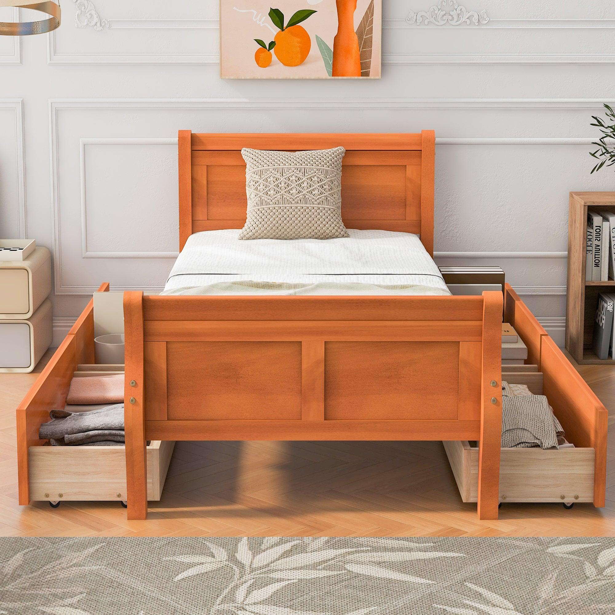 🆓🚛 Twin Size Wood Platform Bed With 4 Drawers & Streamlined Headboard & Footboard, Oak