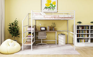 Full Size Metal Loft Bed with Desk and Lateral Storage Ladder, White