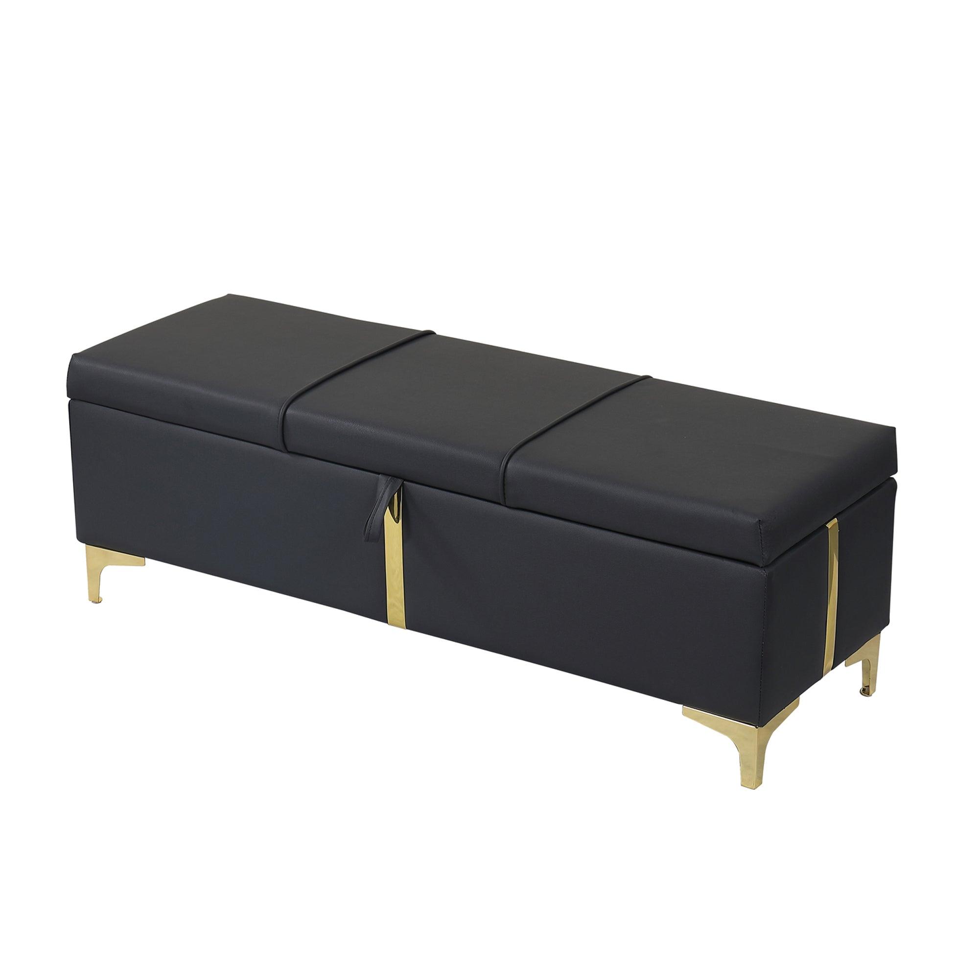 Elegant Upholstered Storage Ottoman, Storage Bench With Metal Legs For Bedroom, Living Room, Fully Assembled Except Legs, Black