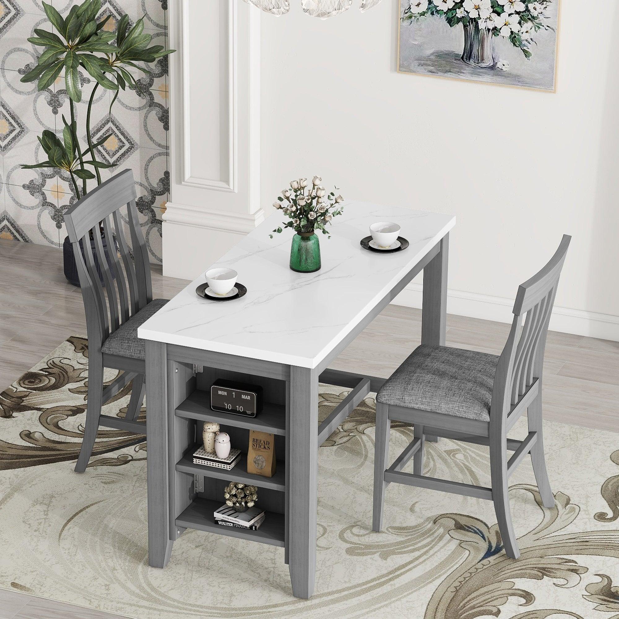 🆓🚛 3-Piece Counter Height Dining Table Set With Built-in Storage Shelves, One Faux Marble Top Dining Table & 2 Counter Chairs With Footrest, Gray