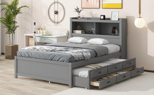 Full Size platform bed with trundle, drawers and USB plugs, Gray