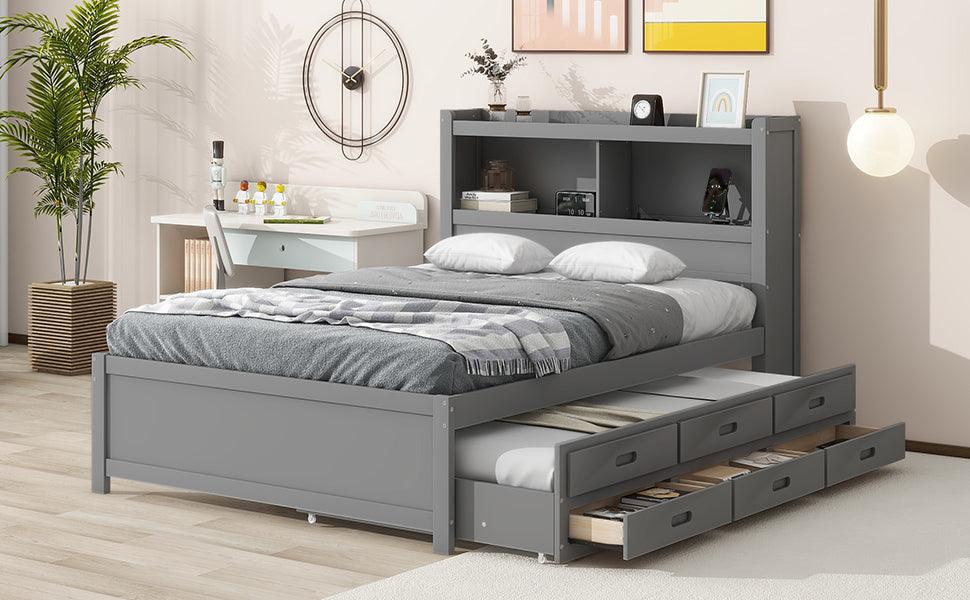 Full Size platform bed with trundle, drawers and USB plugs, Gray