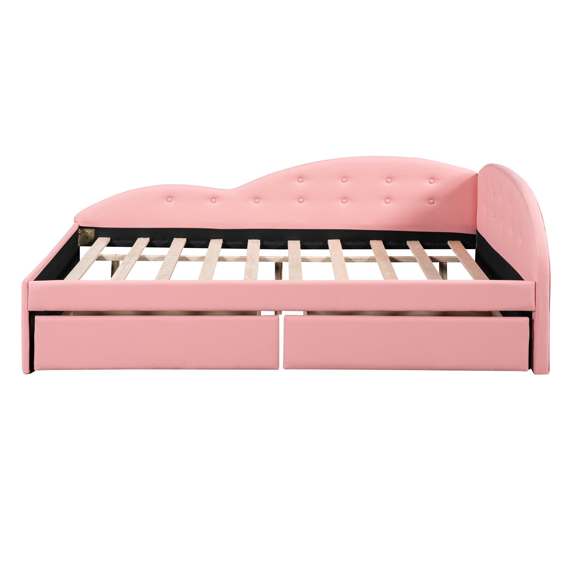 Full Size PU Upholstered Tufted Daybed with Two Drawers and Cloud Shaped Guardrail, Pink