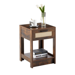 15.75" Rattan End table with  drawer, Modern nightstand, side table for living room, bedroom, Rustic Brown