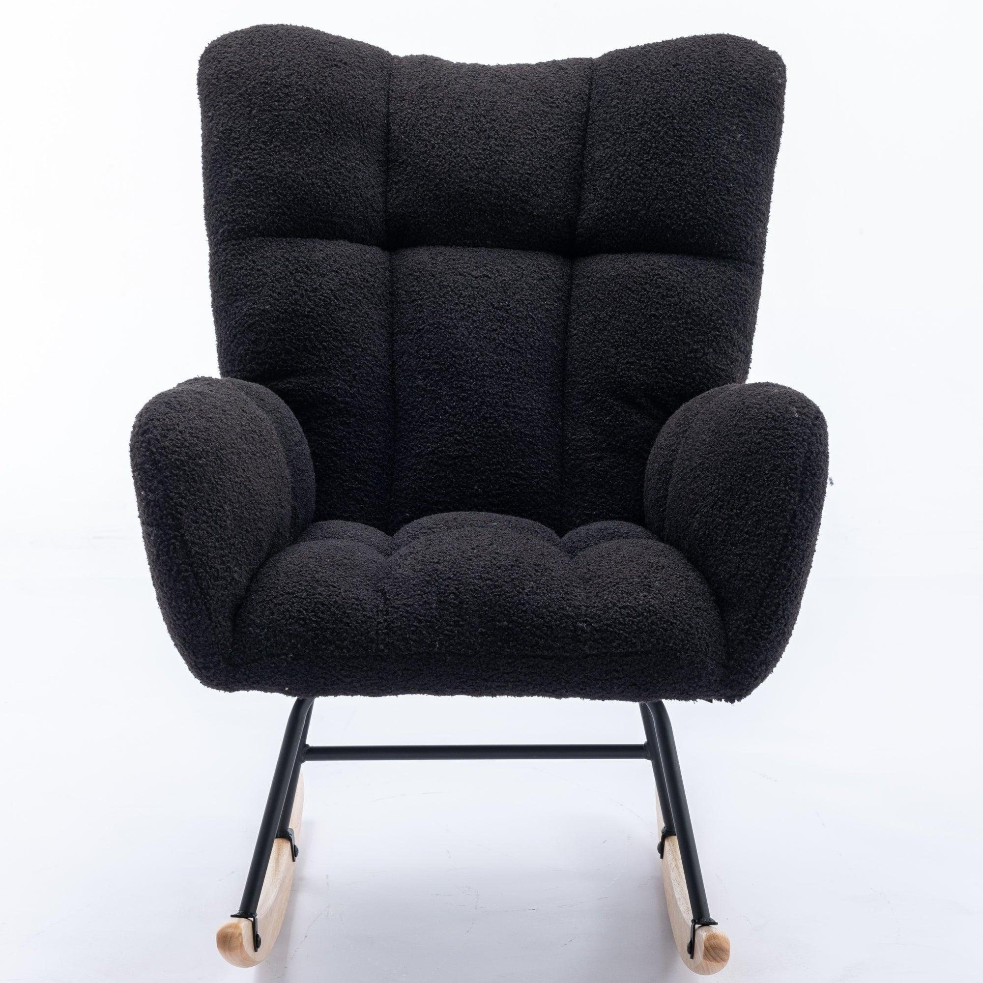 🆓🚛 Rocking Chair, Soft Teddy Velvet Fabric Rocking Chair for Nursery, Comfy Wingback Glider Rocker With Safe Solid Wood Base for Living Room Bedroom Balcony (Black)