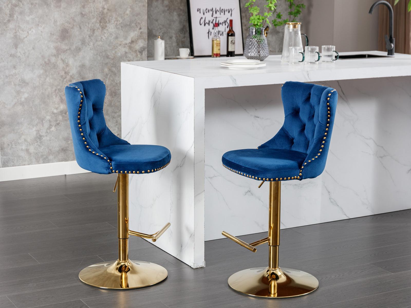 Golden Swivel Velvet Barstools Adjusatble Seat Height From 25-33 Inch, Modern Upholstered Bar Stools With Backs Comfortable Tufted For Home Pub And Kitchen Island, Blue, Set Of 2