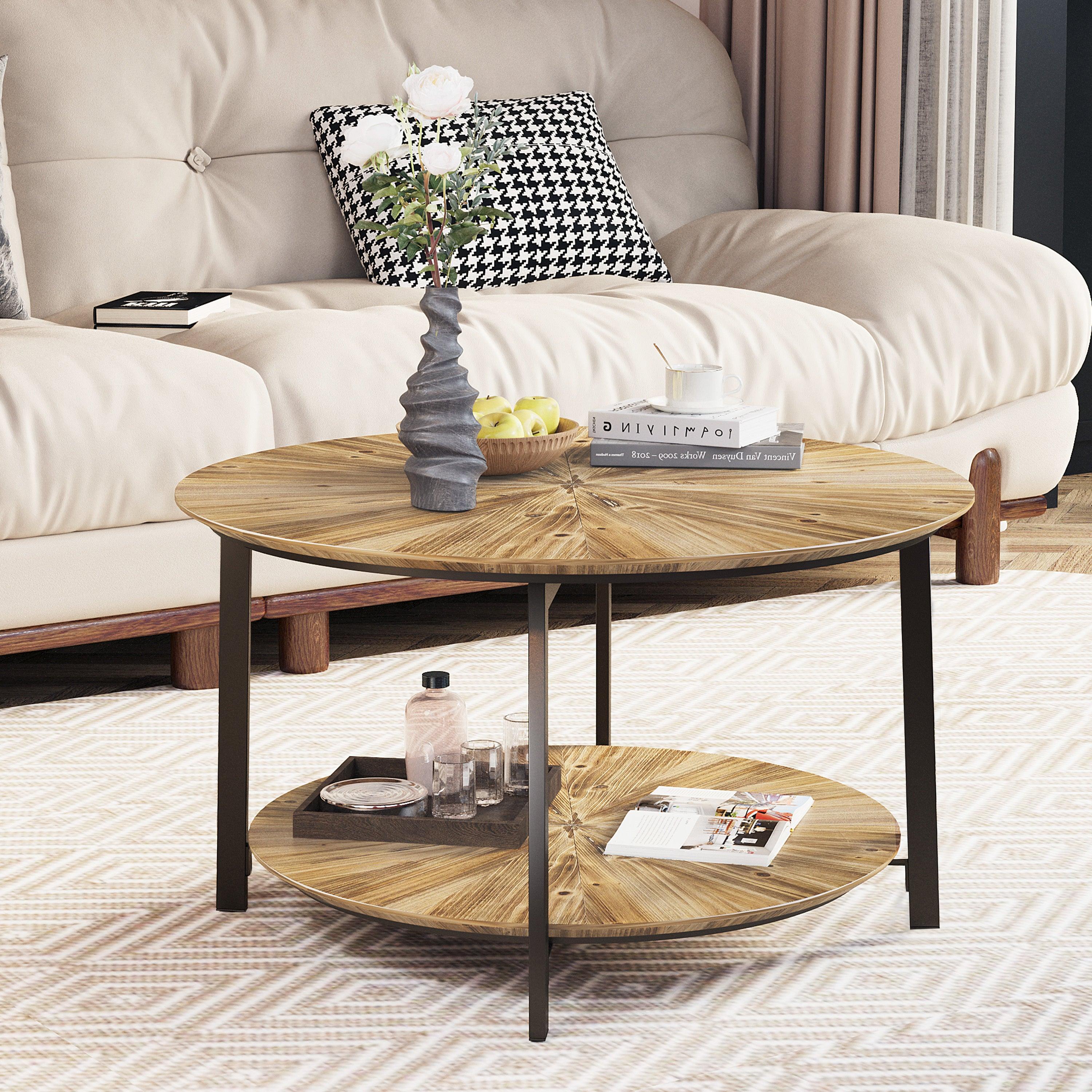 🆓🚛 31.5 "Round Coffee Table, Stand Wooden Double Layer Coffee Table With Open Storage Space & Metal Table Legs for Living Room, Bedroom