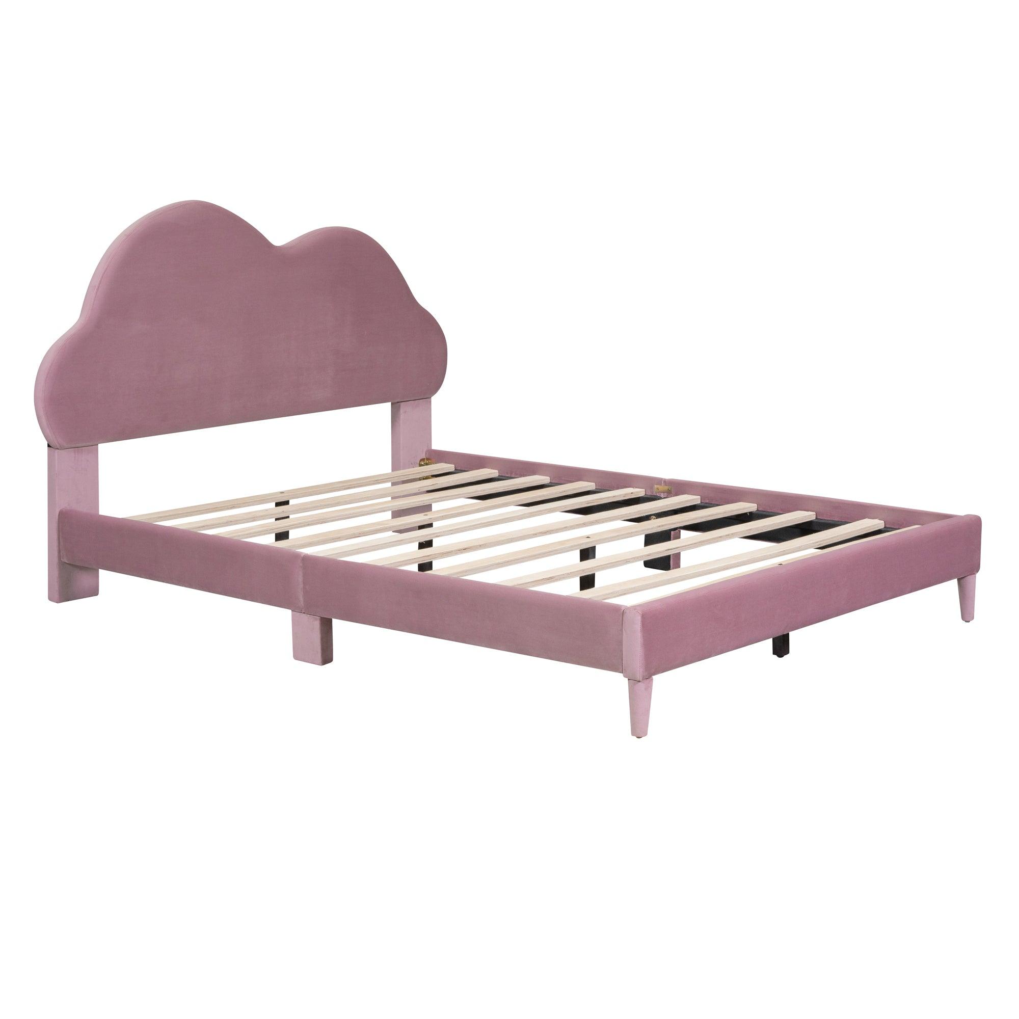 Full size Upholstered Cloud-Shape Bed , Velvet Platform Bed with Headboard, No Box-spring Needed, Pink