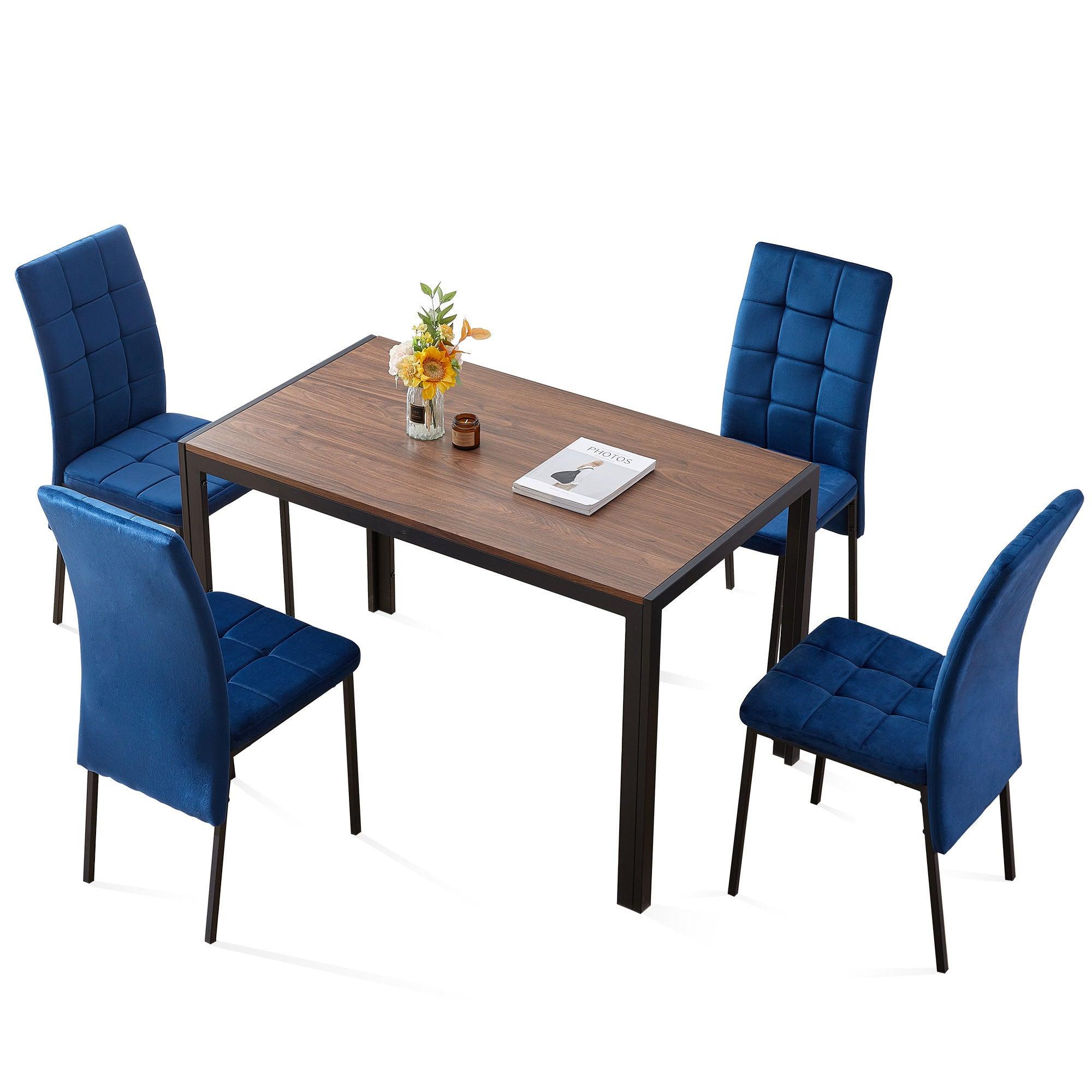 🆓🚛 5-Piece Dining Set, 4 Blue Velvet High Back Nordic Dining Chair, 1 Creative Design Mdf Dining Table