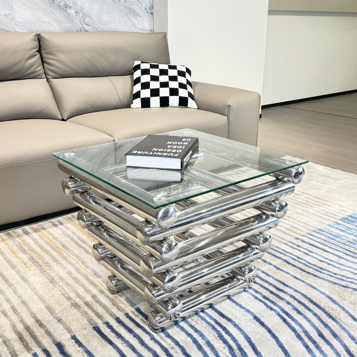 24" Square Modern Stainless Steel End Table, Clear Tempered Glass End Side Table, Living Room Coffee Table, With Modern Style, Silver