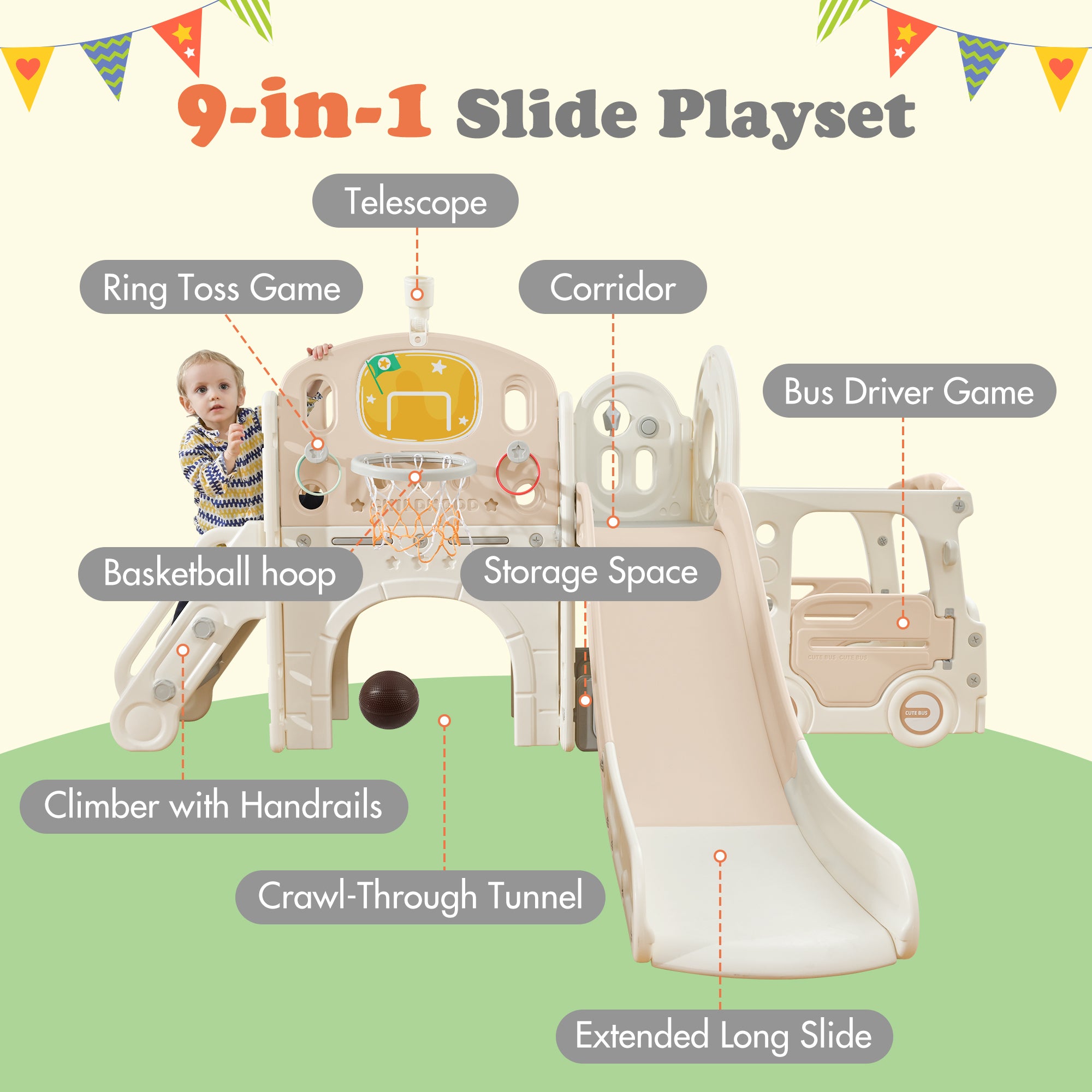 🆓🚛 Kids Slide Playset Structure 9 In 1, Freestanding Castle Climbing Crawling Playhouse With Slide, Arch Tunnel, Ring Toss, Realistic Bus Model & Basketball Hoop, Toy Storage Organizer for Toddlers, Pink & White