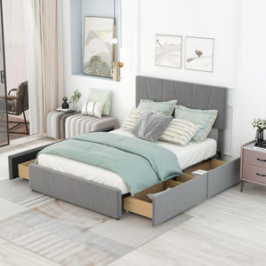 Full Size Upholstery Platform Bed with Four Drawers on Two Sides, Adjustable Headboard, Grey