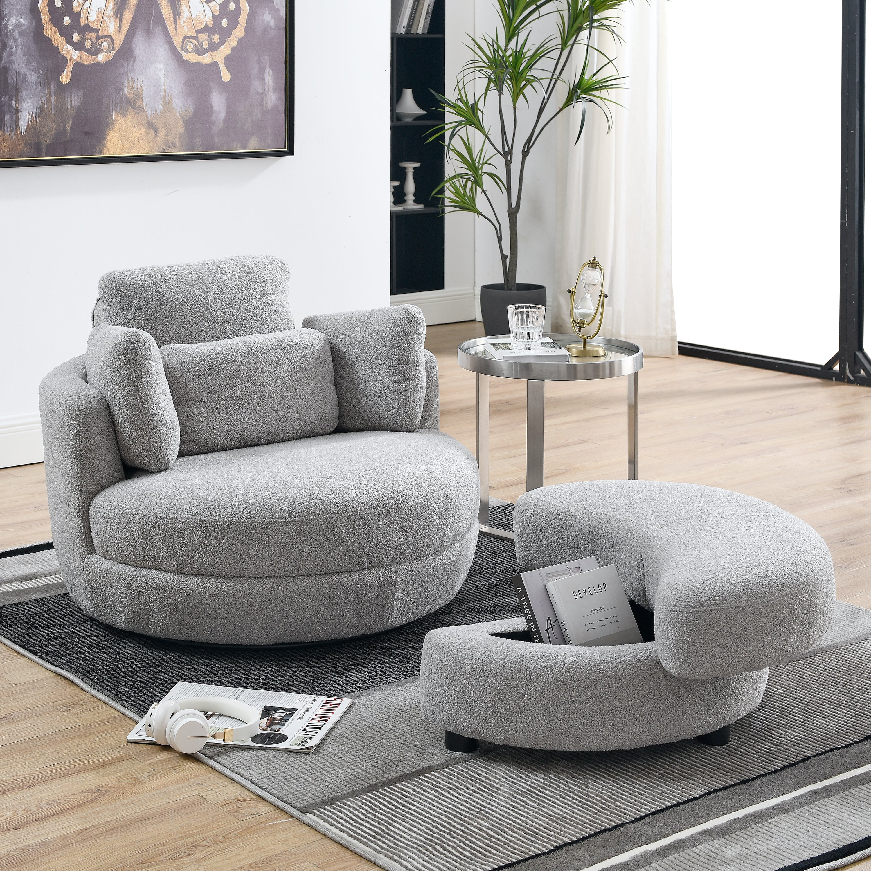 39"W Oversized Swivel Chair With Moon Storage Ottoman for Living Room, Modern Accent Round Loveseat Circle Swivel Barrel Chairs for Bedroom Cuddle Sofa Chair Lounger Armchair, 4 Pillows, Teddy Fabric