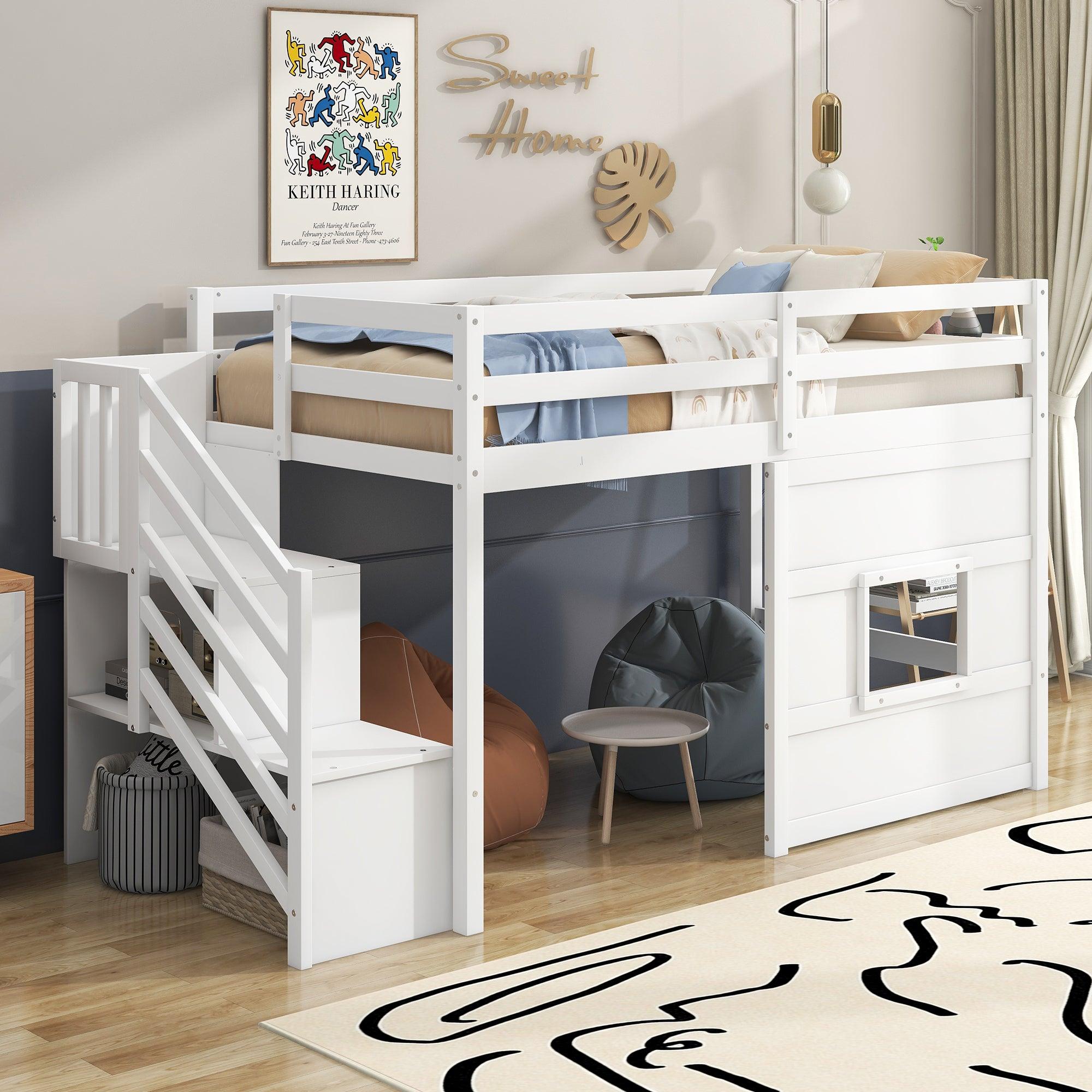 🆓🚛 Twin Size Loft Bed With Storage Staircase & Window, White