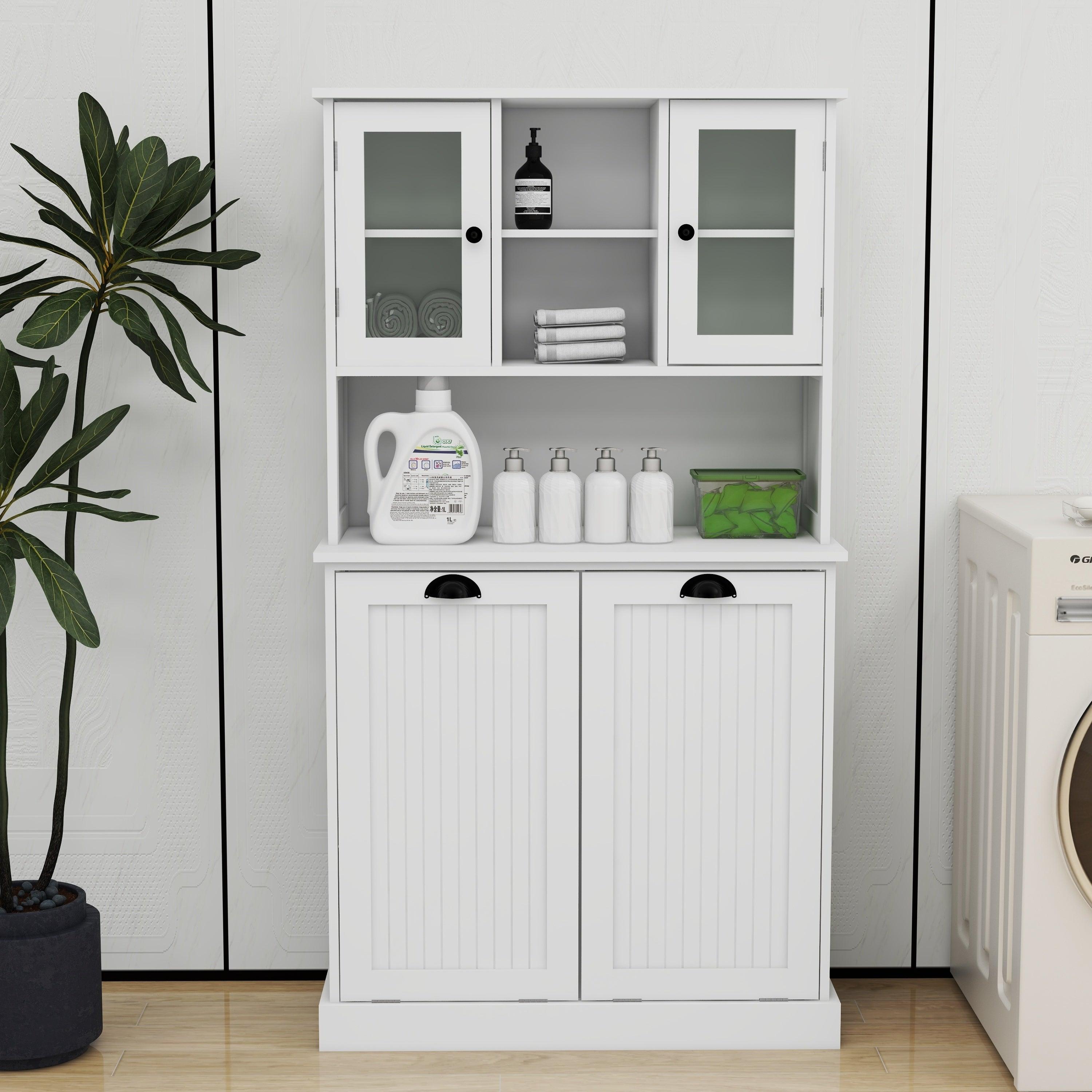 🆓🚛 Two-Compartment Tilt-Out Dirty Laundry Basket Tall Bathroom Cabinet, White