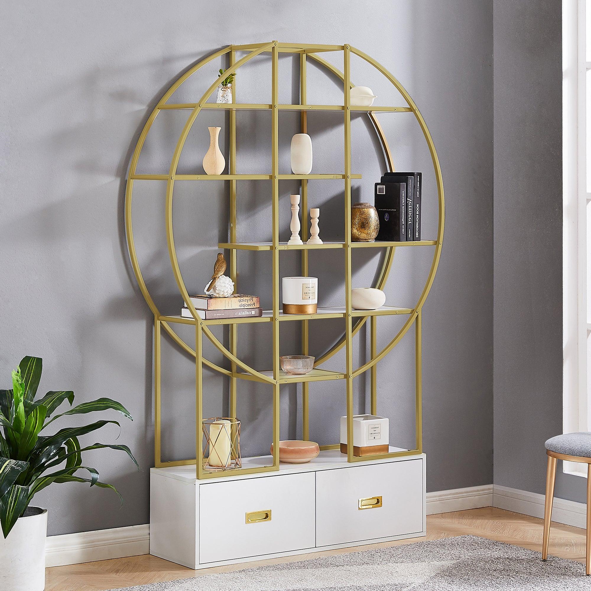 🆓🚛 70.8 Inch Round Office Bookcase Bookshelf, Display Shelf, Two Drawers, Gold Frame