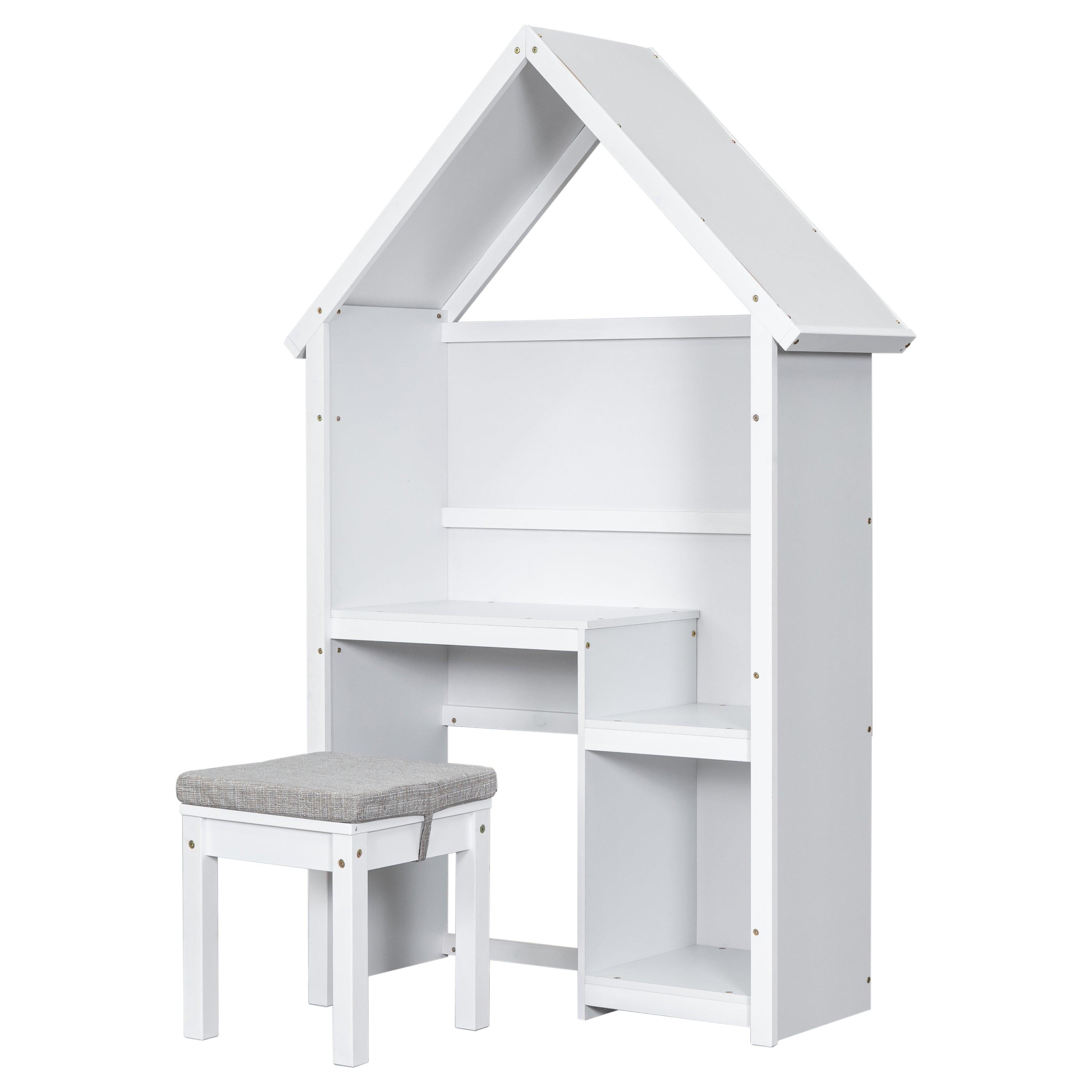 House-Shaped Desk With A Cushion Stool, White