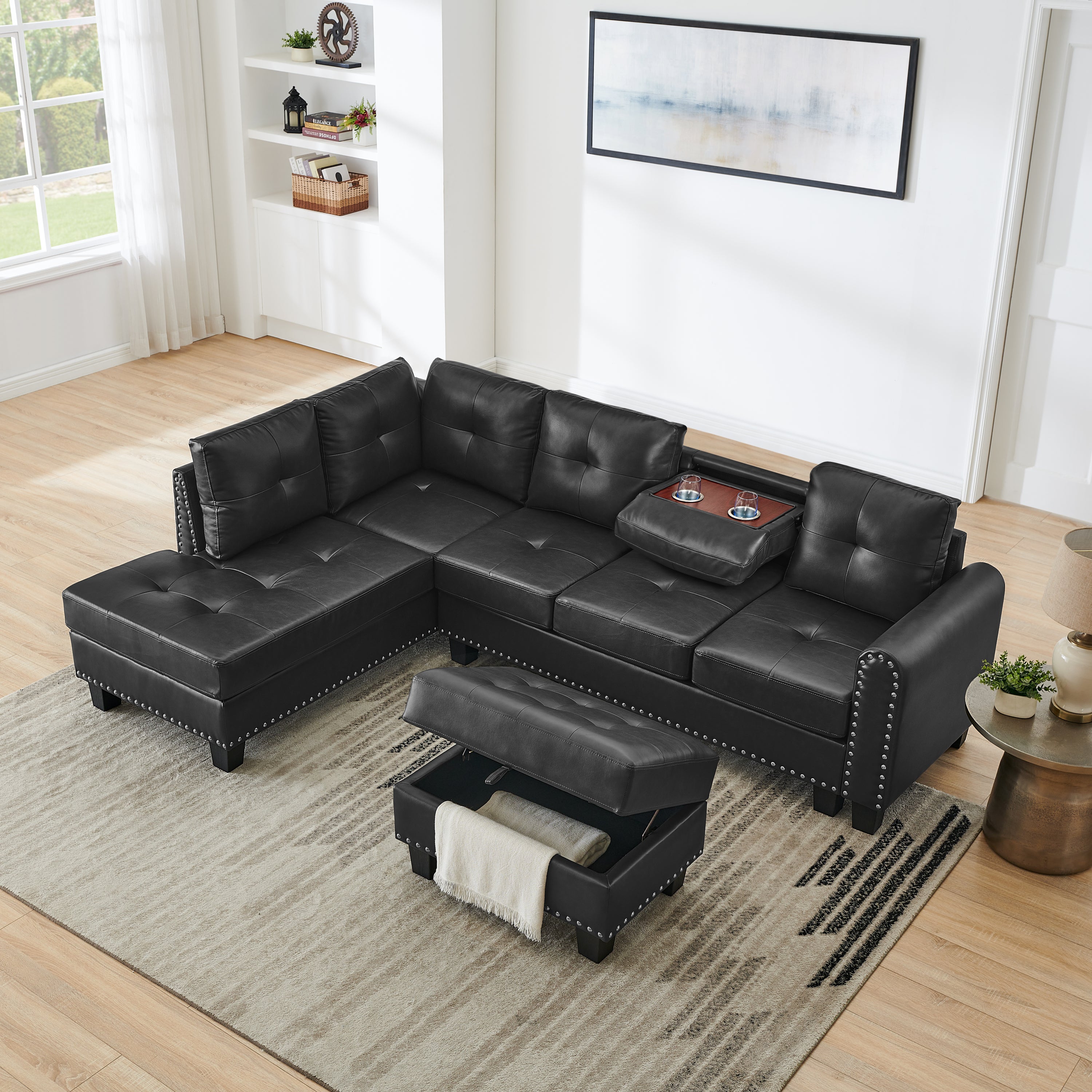 4-5 Seaters L-Shape Sofa, With Storage Ottoman, Pu, Black