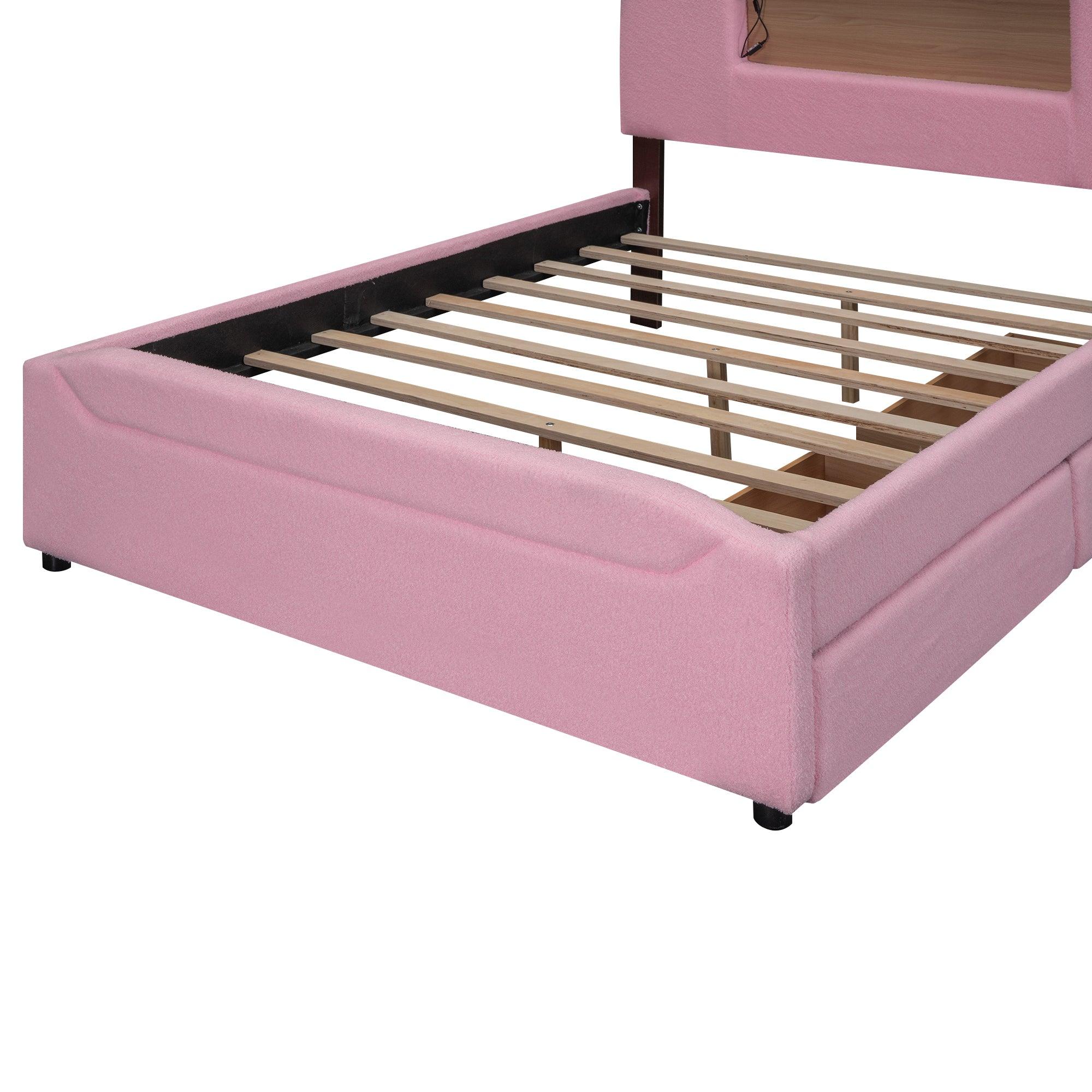 Full Size Upholstered Storage Platform Bed with Cartoon Ears Headboard, LED and USB, Pink