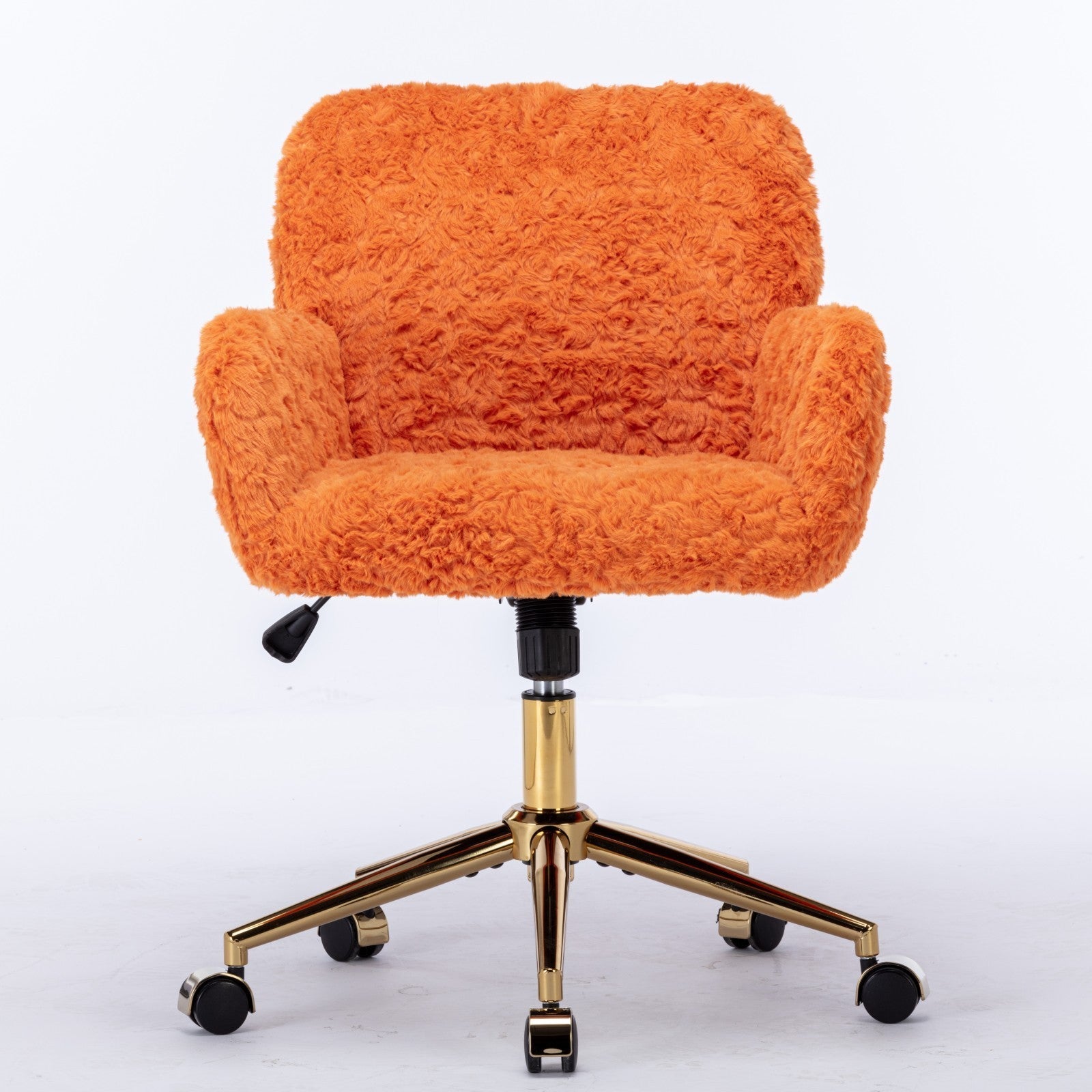 🆓🚛 Furniture Office Chair, Artificial Rabbit Hair Home Office Chair With Golden Metal Base, Adjustable Desk Chair Swivel Office Chair, Vanity Chair, Orange