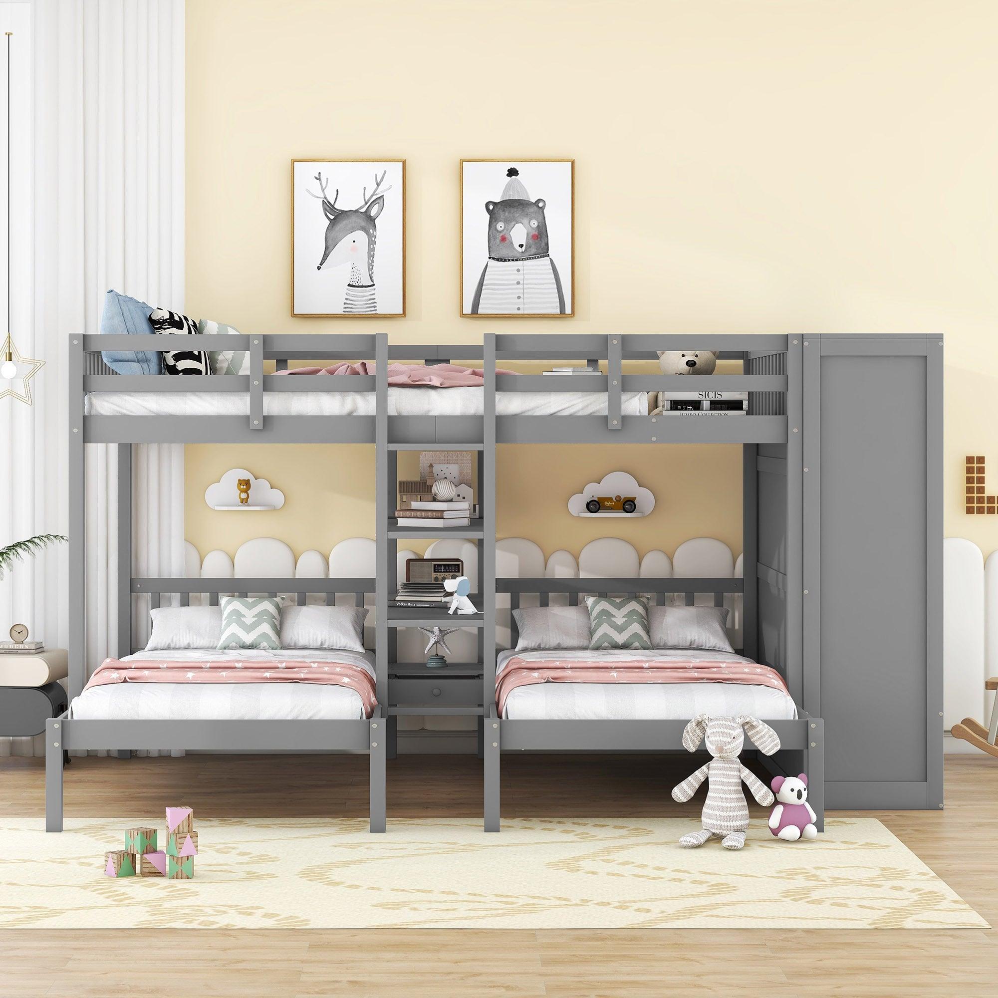 🆓🚛 Full-Over-Twin-Twin Bunk Bed With Shelves, Wardrobe and Mirror, Gray